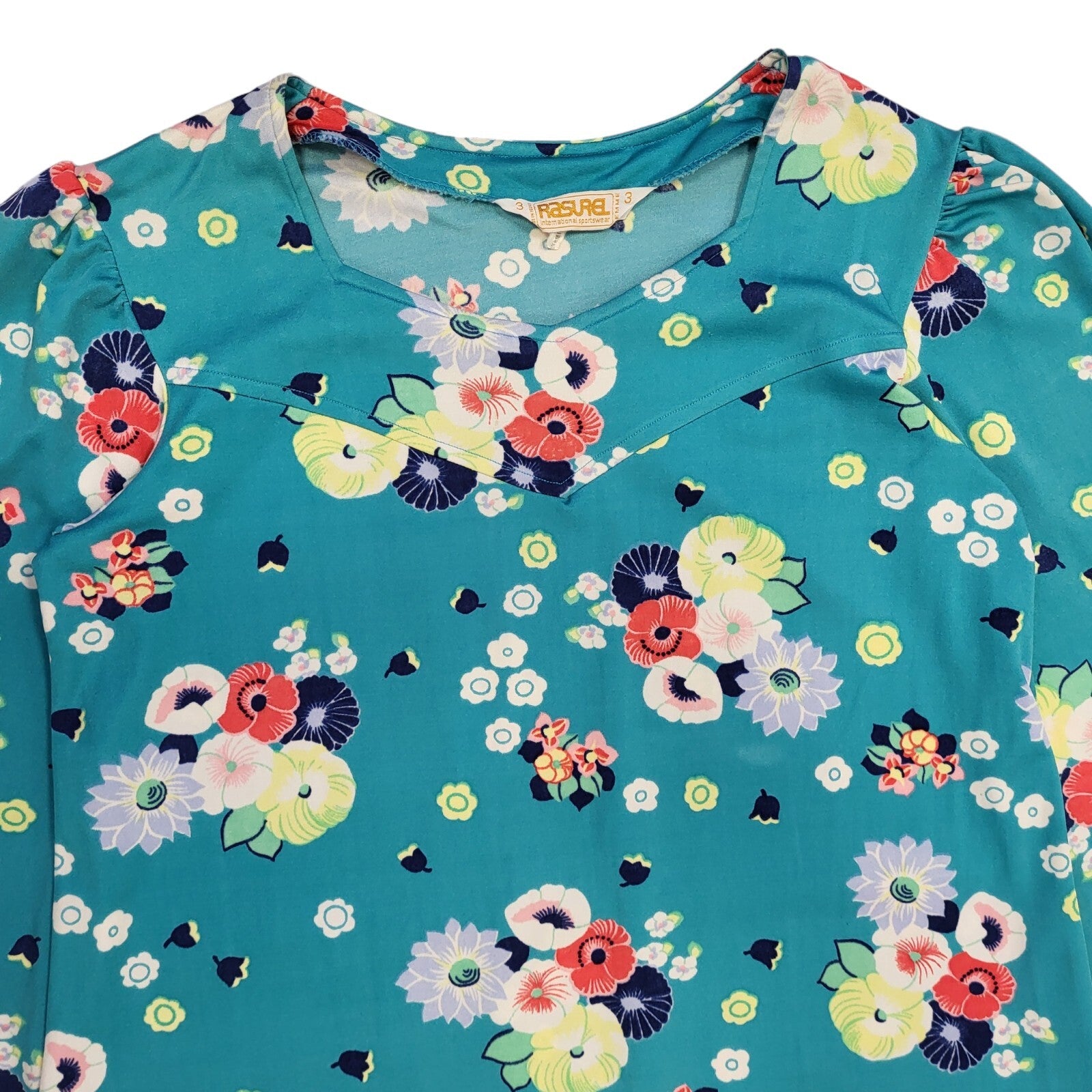 Rasurel 70s Teal Floral Midi Shift Dress Women's 14/16