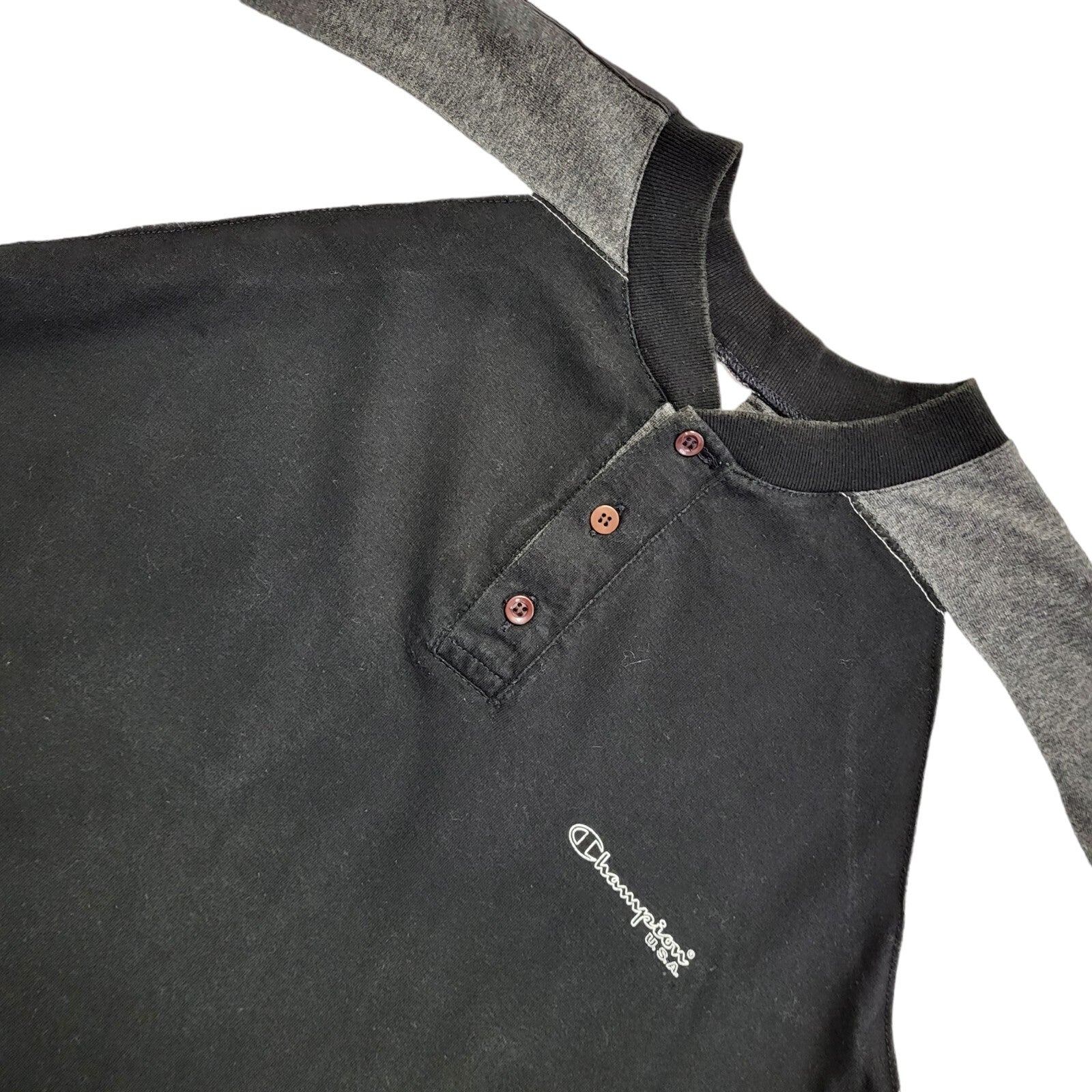 Chamipion Vintage 90s Grey & Black Henley Short Sleeve T-Shirt Mens UK Size XL