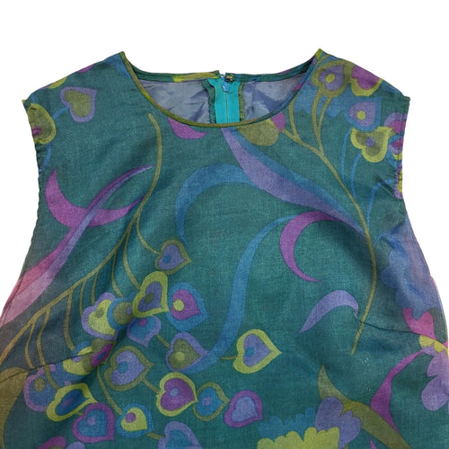 70s Vintage Green & Blue Floral Sleeveless Maxi Dress Women's 8