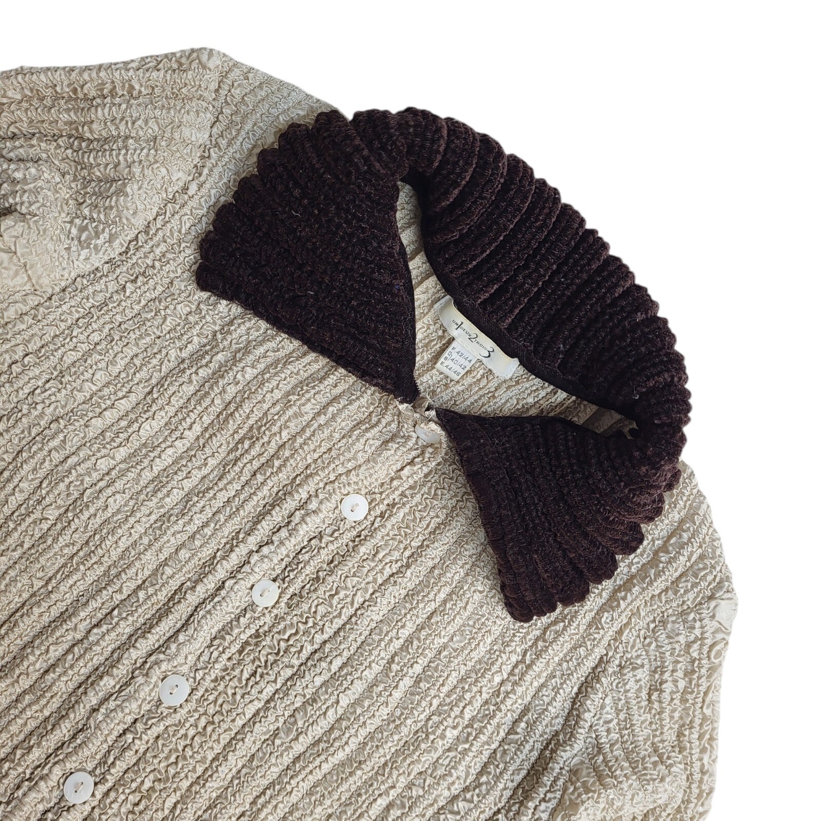 Un Deux Trois Vintage 80s Beige & Brown Crinkled Cardigan UK Women's Size M