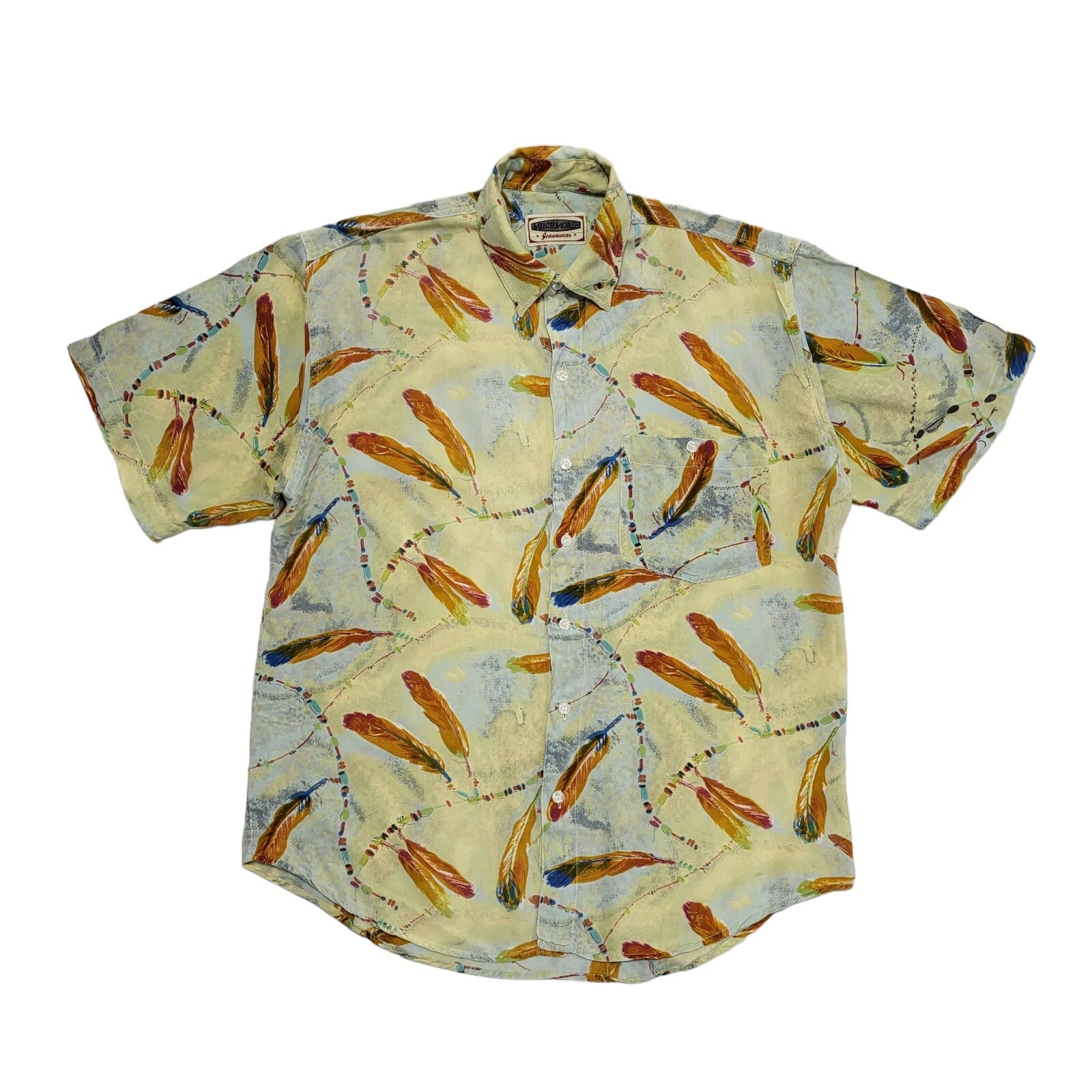 Much More 90's Yellow & Blue Abstract Short Sleeve Retro Shirt Men's UK Size M/L