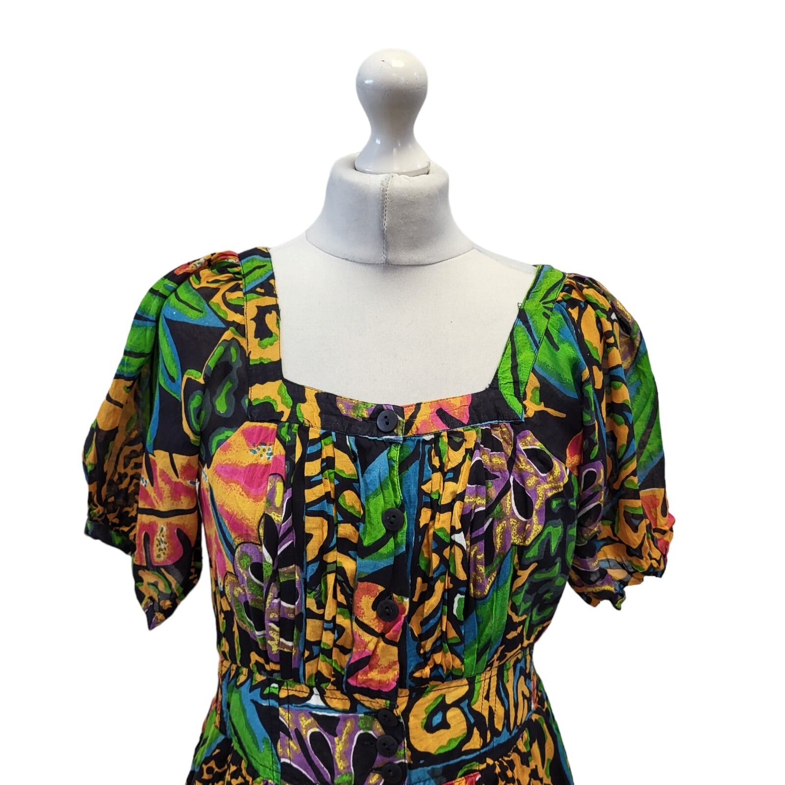 Smartline 90s Vintage Black & Green Floral Print Dress Women's Size 12