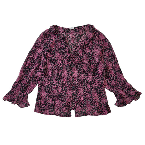 90s Vintage Black & Pink Floral Button Up Blouse Women's Size 16