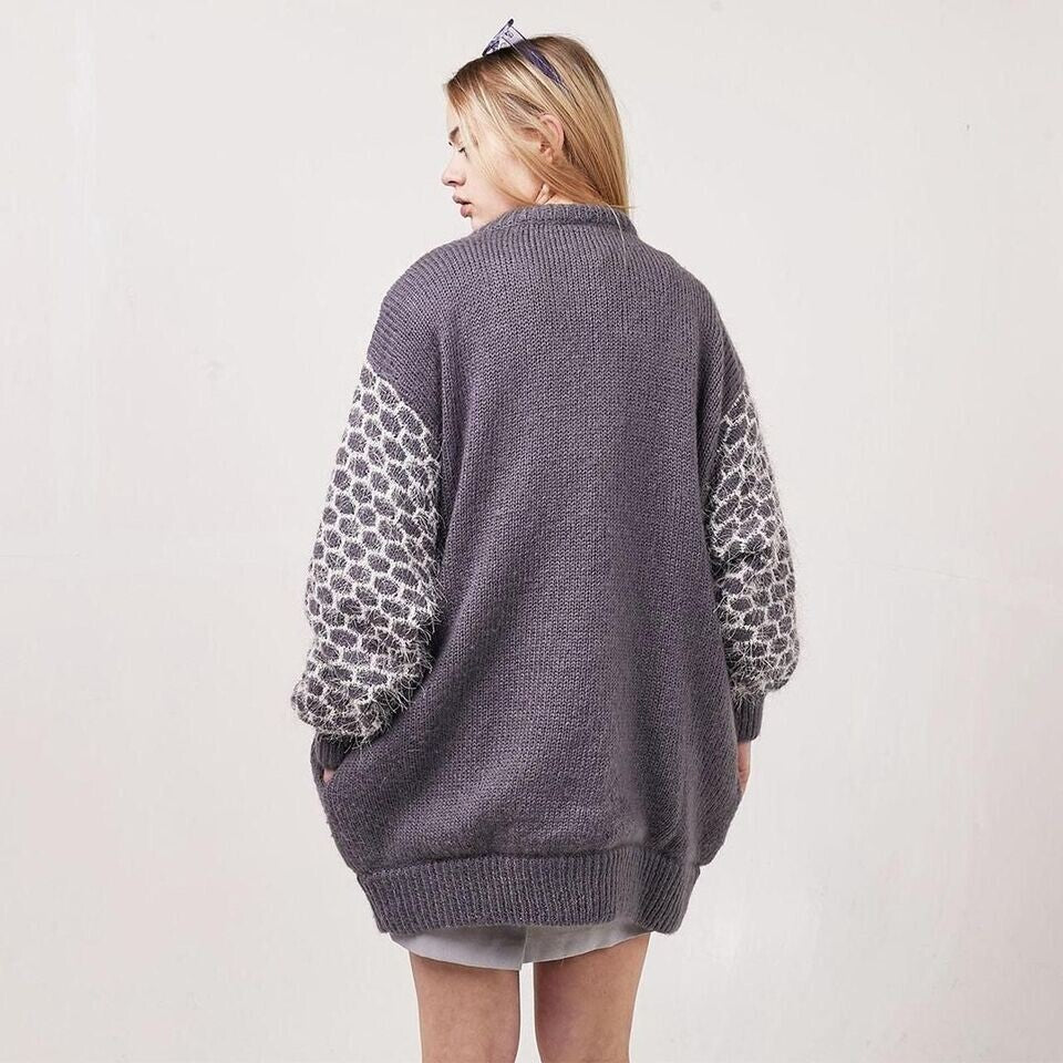 80s Vintage Grey & White Oversized Button Front Cardigan Women's Size 18