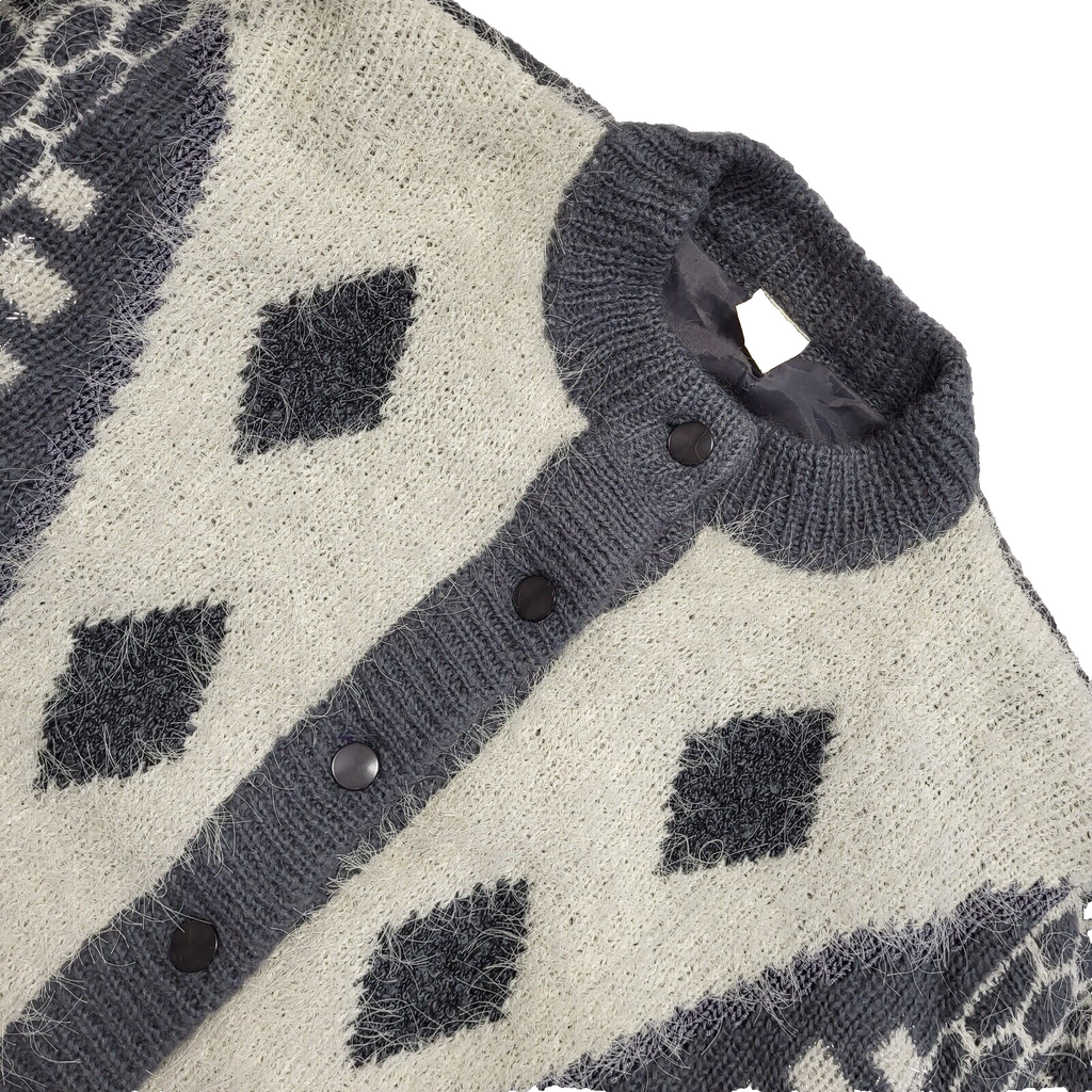 80s Vintage Grey & White Oversized Button Front Cardigan Women's Size 18