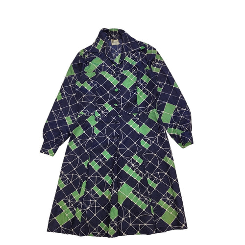 70s Vintage Belleroy Blue & Green Buttoned Daywear Dress Women's Size 12