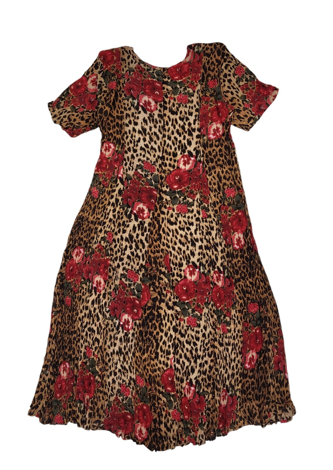 80s Vintage Pretty Pink Brown Leopard Print Fit & Flare Daywear Dress Women's L