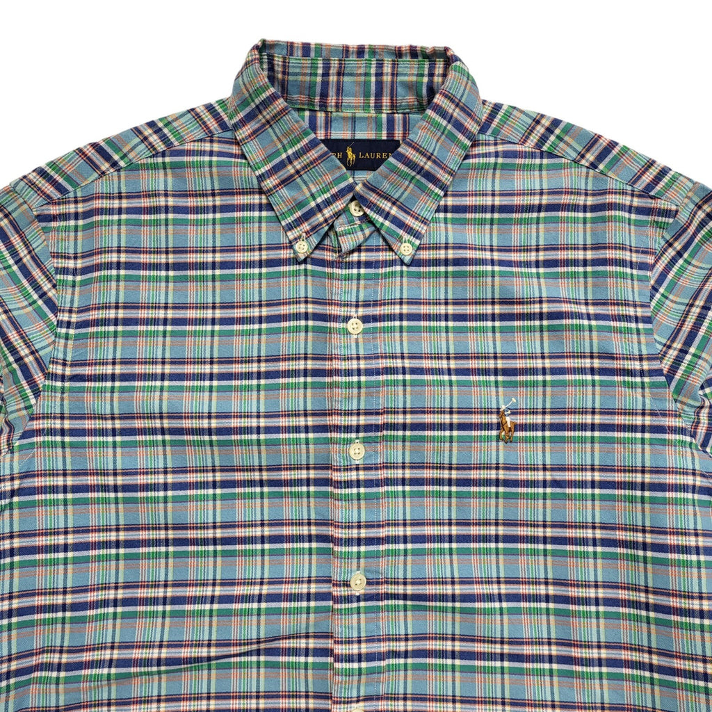 Ralph Lauren 90's Vintage Blue & Green Checked Long Sleeve Shirt Mens UK Size M