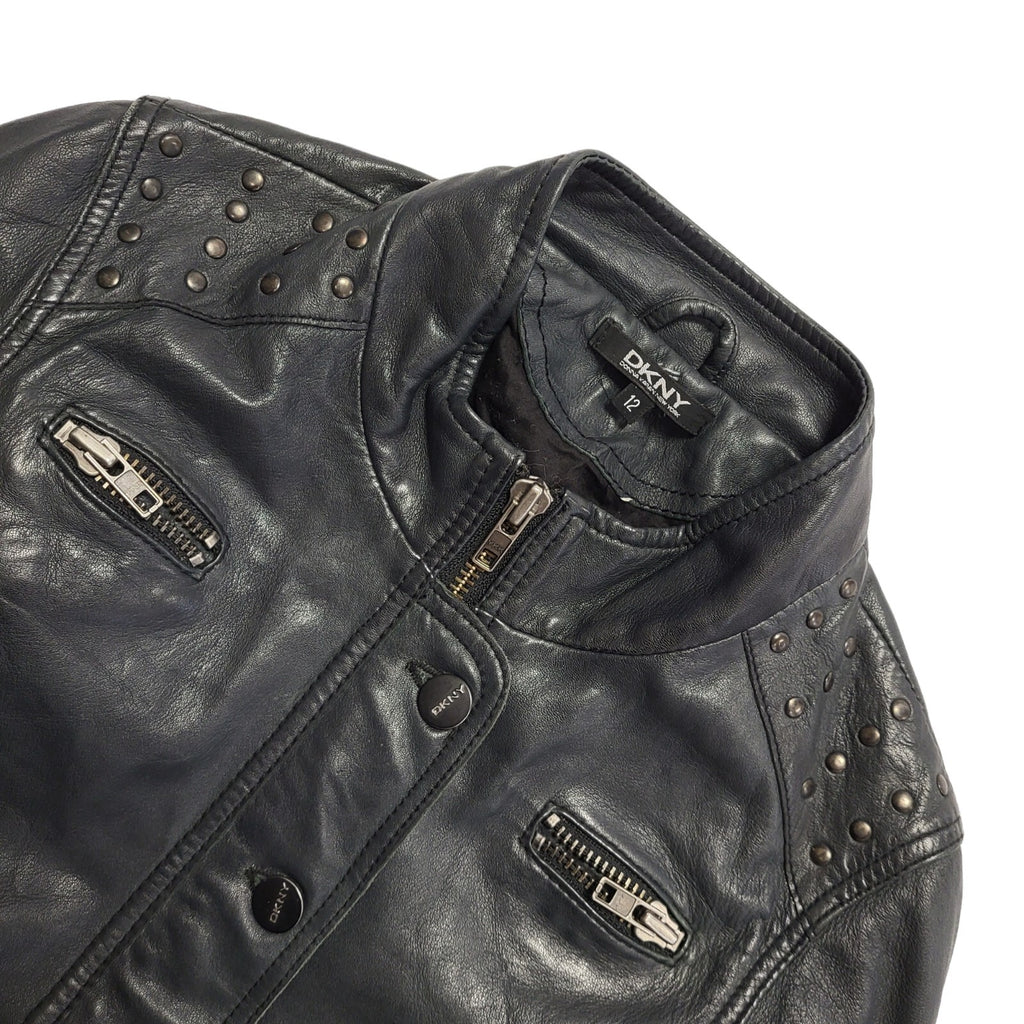 DKNY Black Y2K Vintage Zipped Leather Jacket Uk Girl's Age 12 Yrs