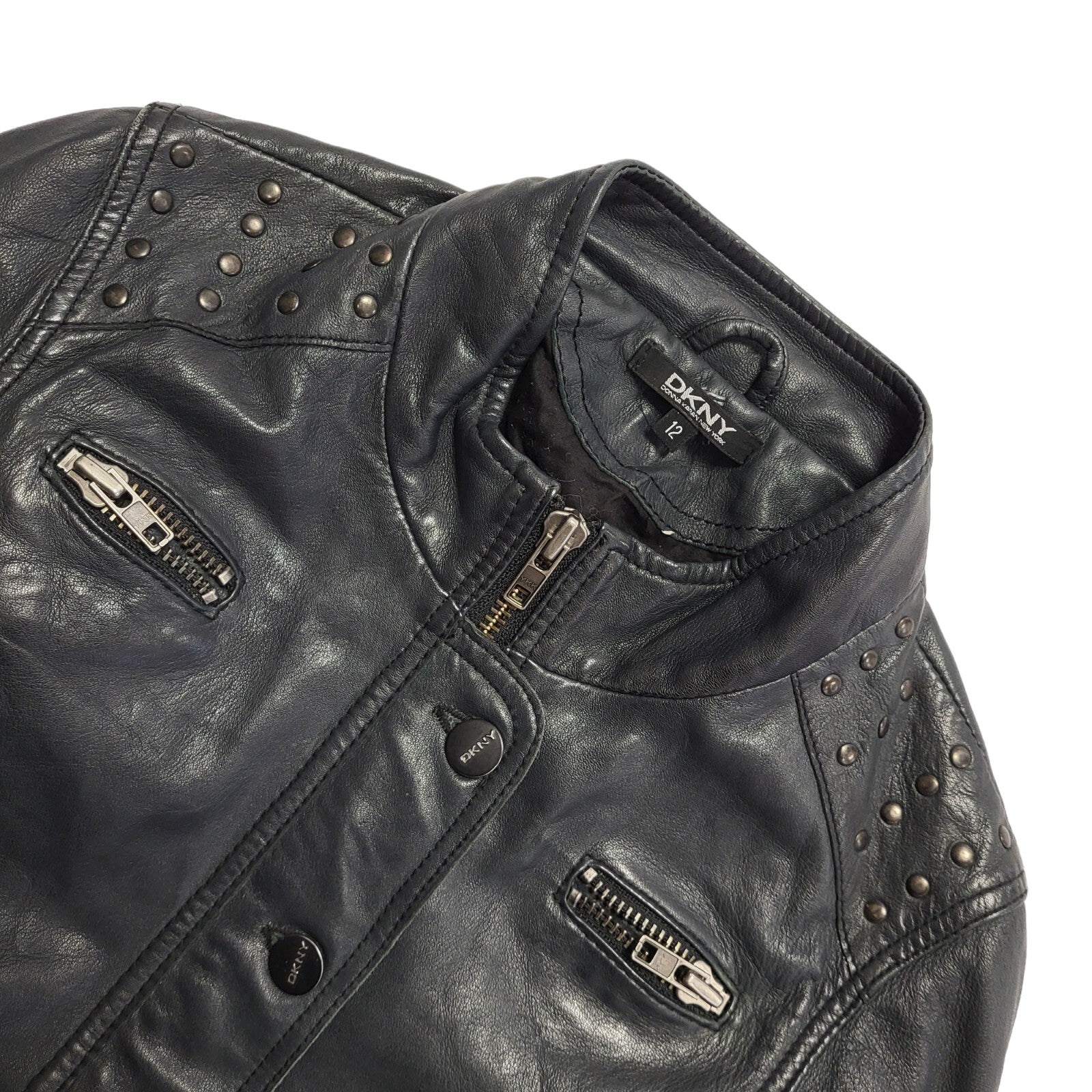 DKNY Black Y2K Vintage Zipped Leather Jacket Uk Girl's Age 12 Yrs