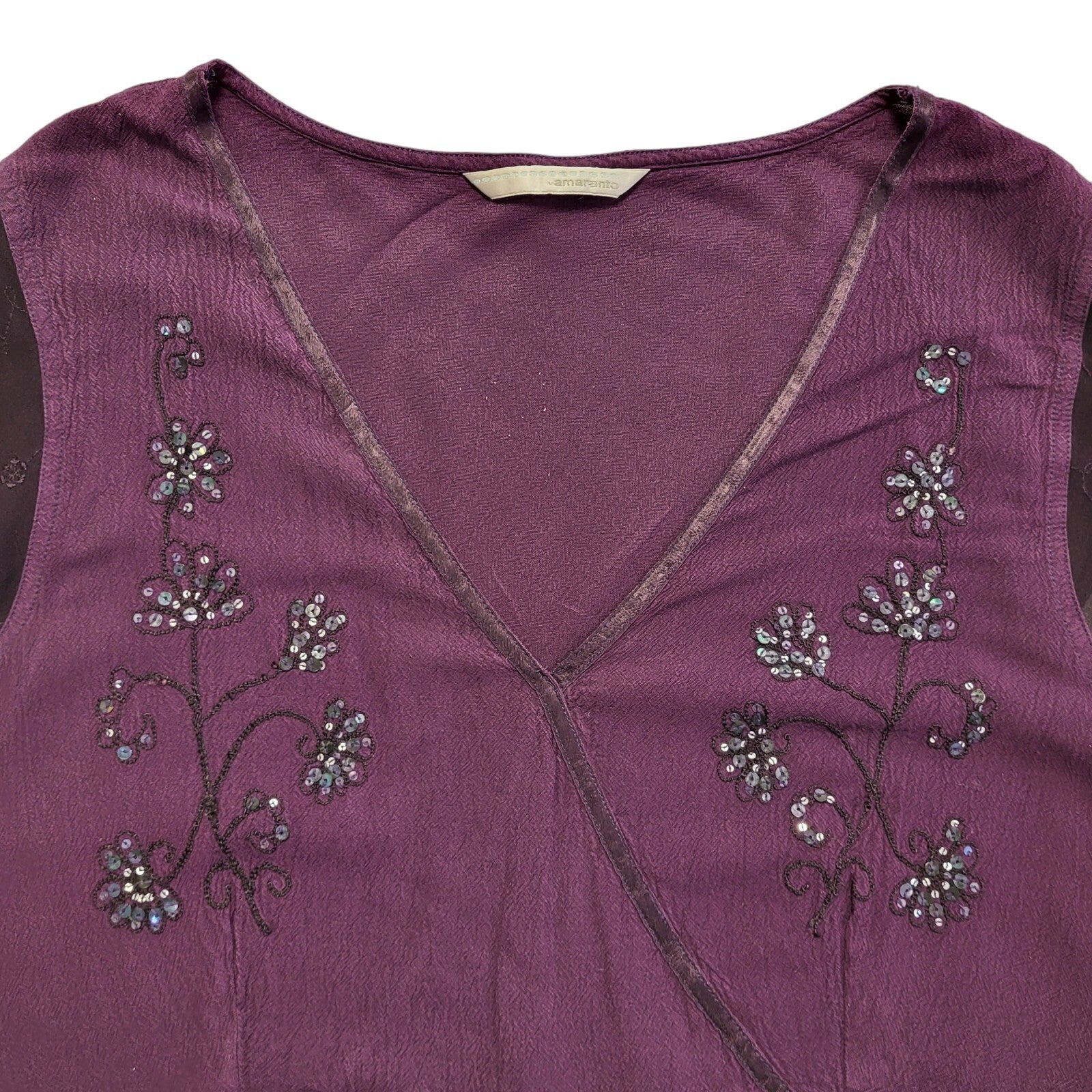 Ameranto Vintage 90s Purple Floral Sequin Short Sleeve Top Womens UK 16