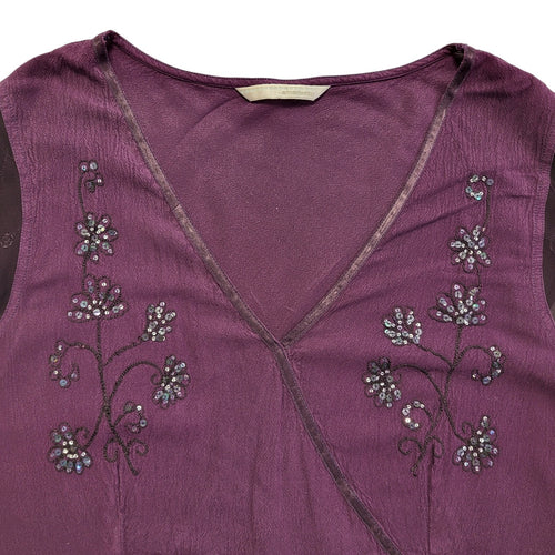 Ameranto Vintage 90s Purple Floral Sequin Short Sleeve Top Womens UK 16