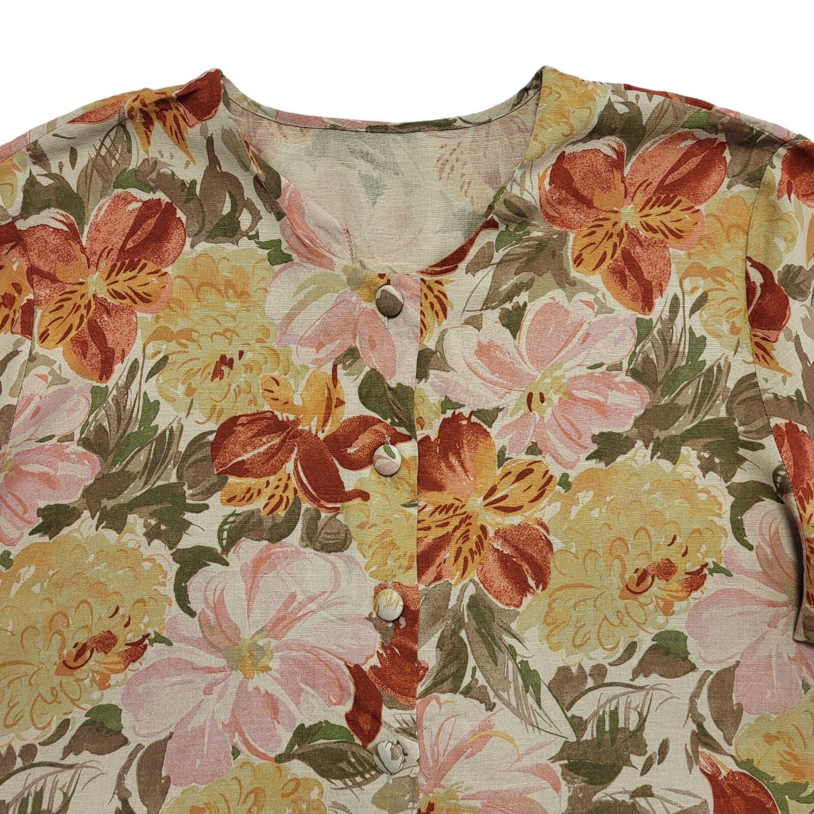 St Michael Vintage 90's Short Sleeve Button Up Floral Orange Blouse Womens UK 16