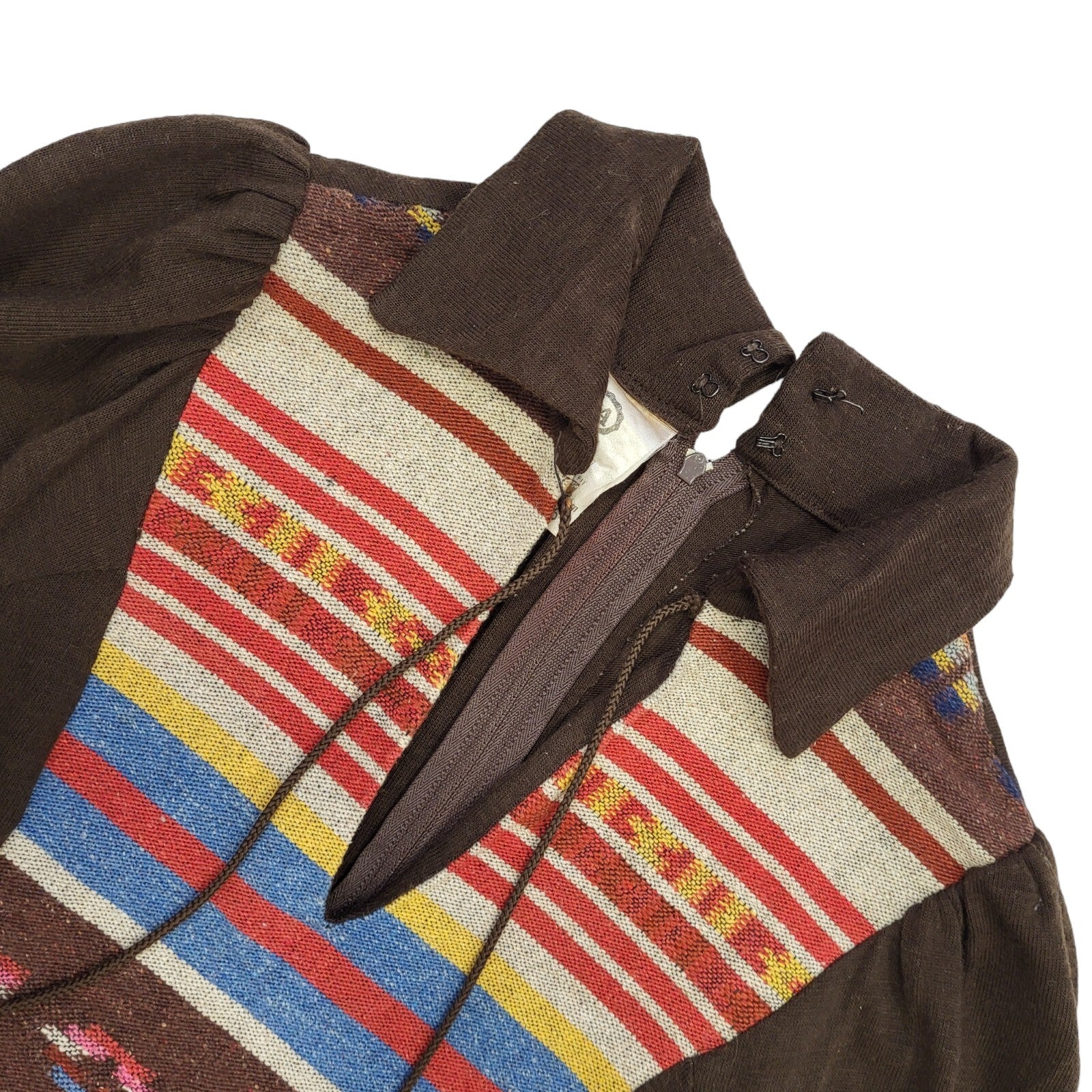 C&A 70s Vintage Brown V-Neck Collared Smock Dress Women's 10