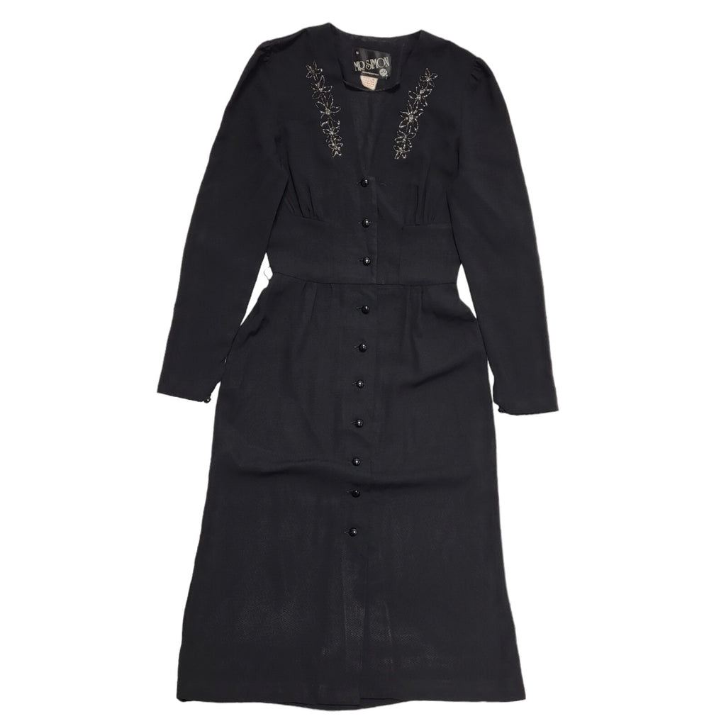 Mr Simon 80s Vintage Black V-Neck Long Sleeve Evening Dress Women's 10