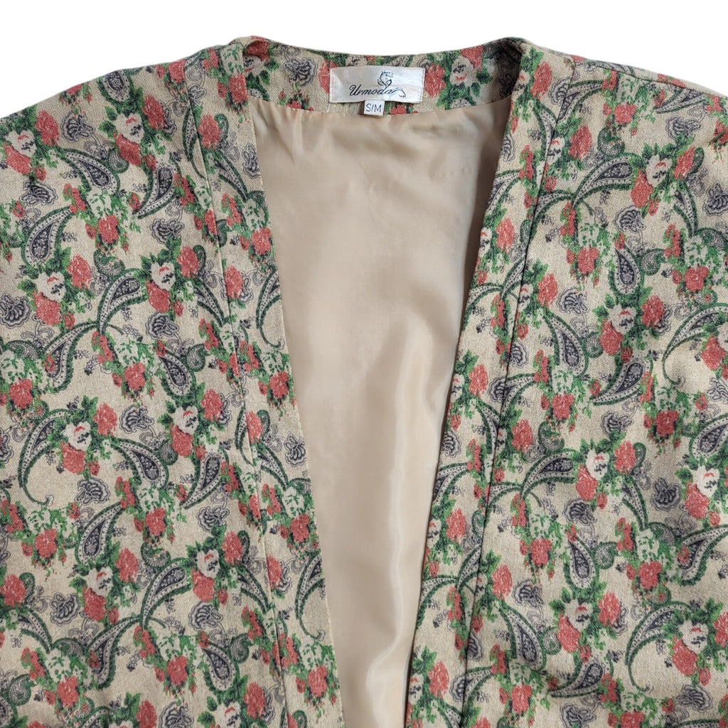 Urmoda 80s Floral Open Front Beige Short Sleeve Jacket Uk Women's Size Small