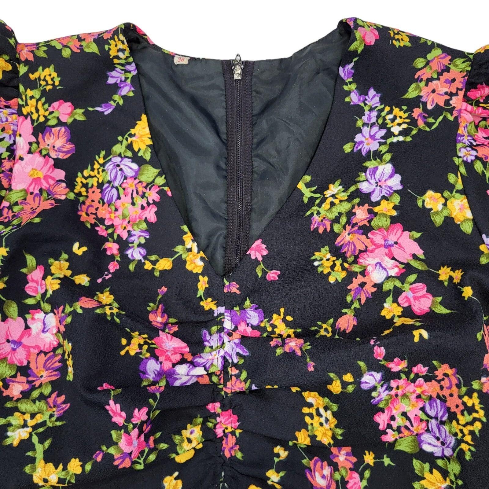 70s Vintage Black & Pink Floral Maxi Dress Women's Size 10 Eu 38
