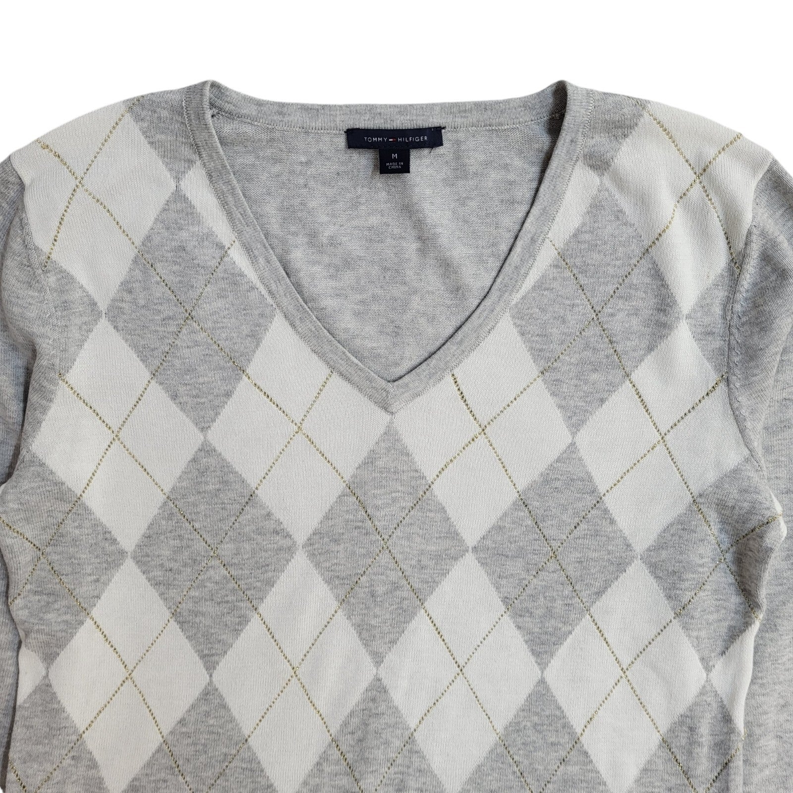 Tommy Hilfiger Y2K Grey & White Argyle V-Neck Jumper UK Women's Size M