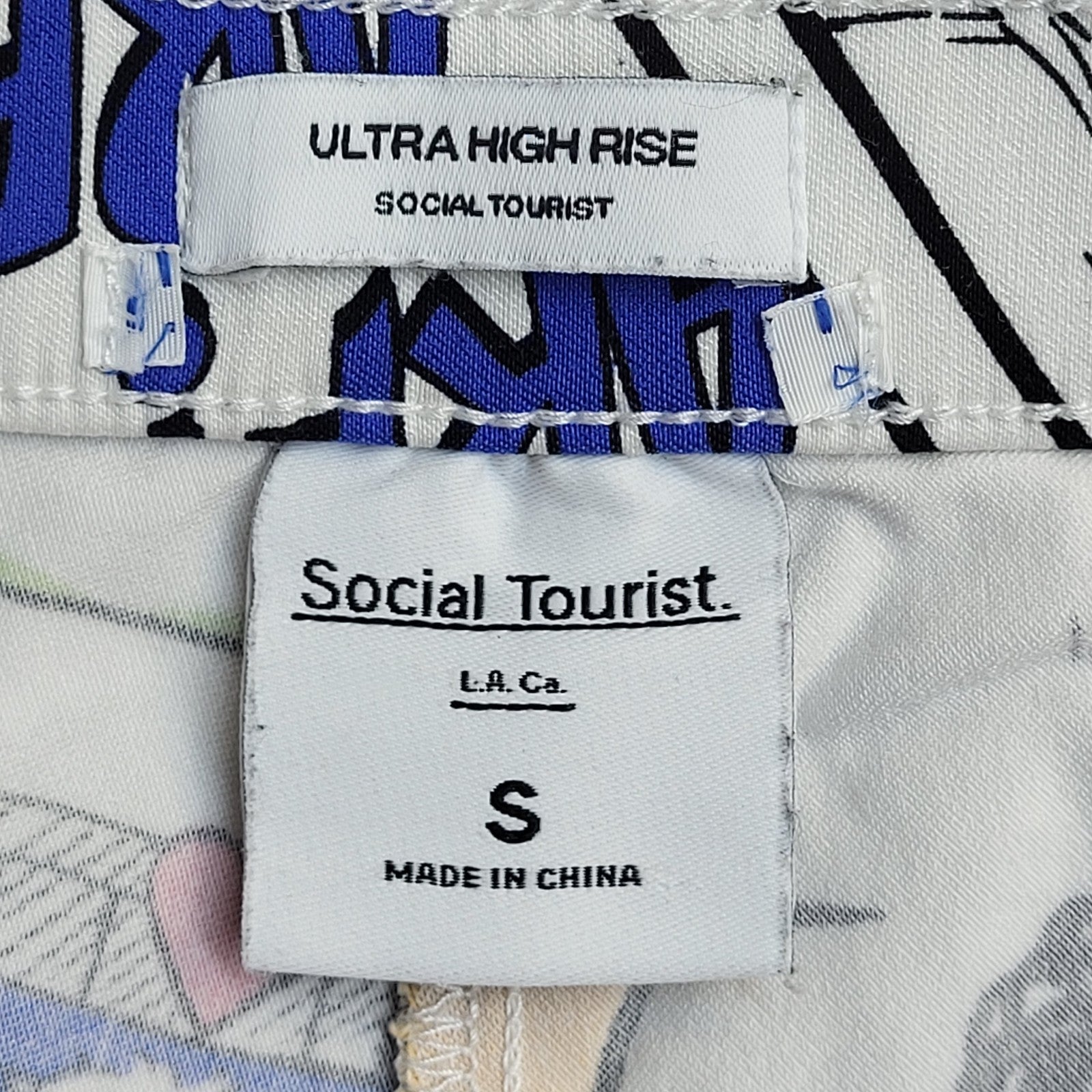 Social Tourist Trousers White Y2k Bootcut Comic Print Uk Women's Size S W26 L27