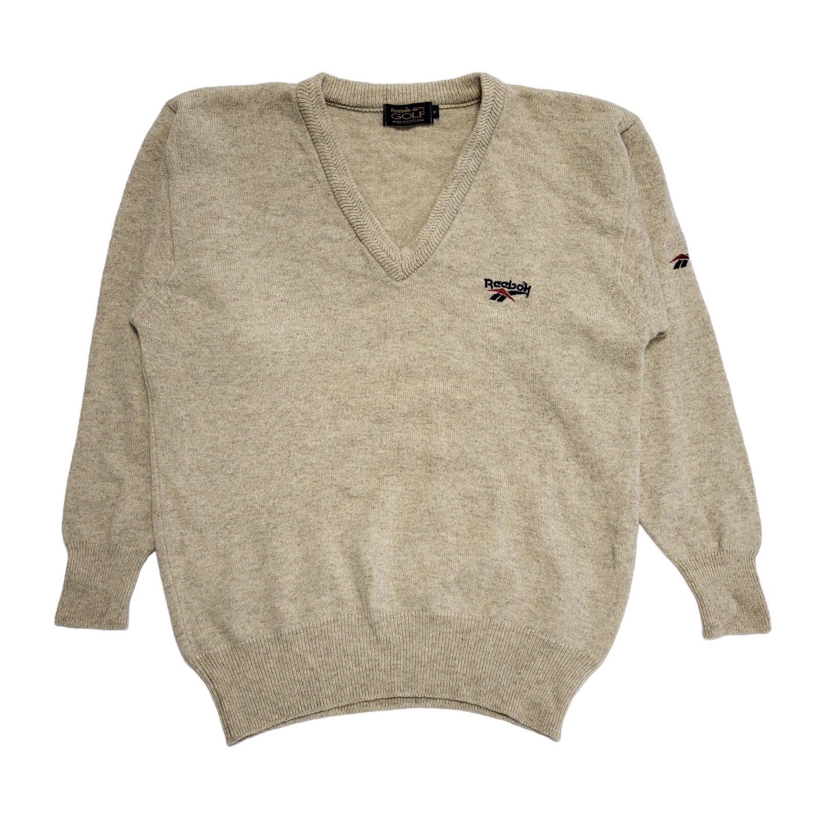 Reebok Golf 90s Vintage Cream V-Neck Long Sleeve Jumper Mens UK Medium