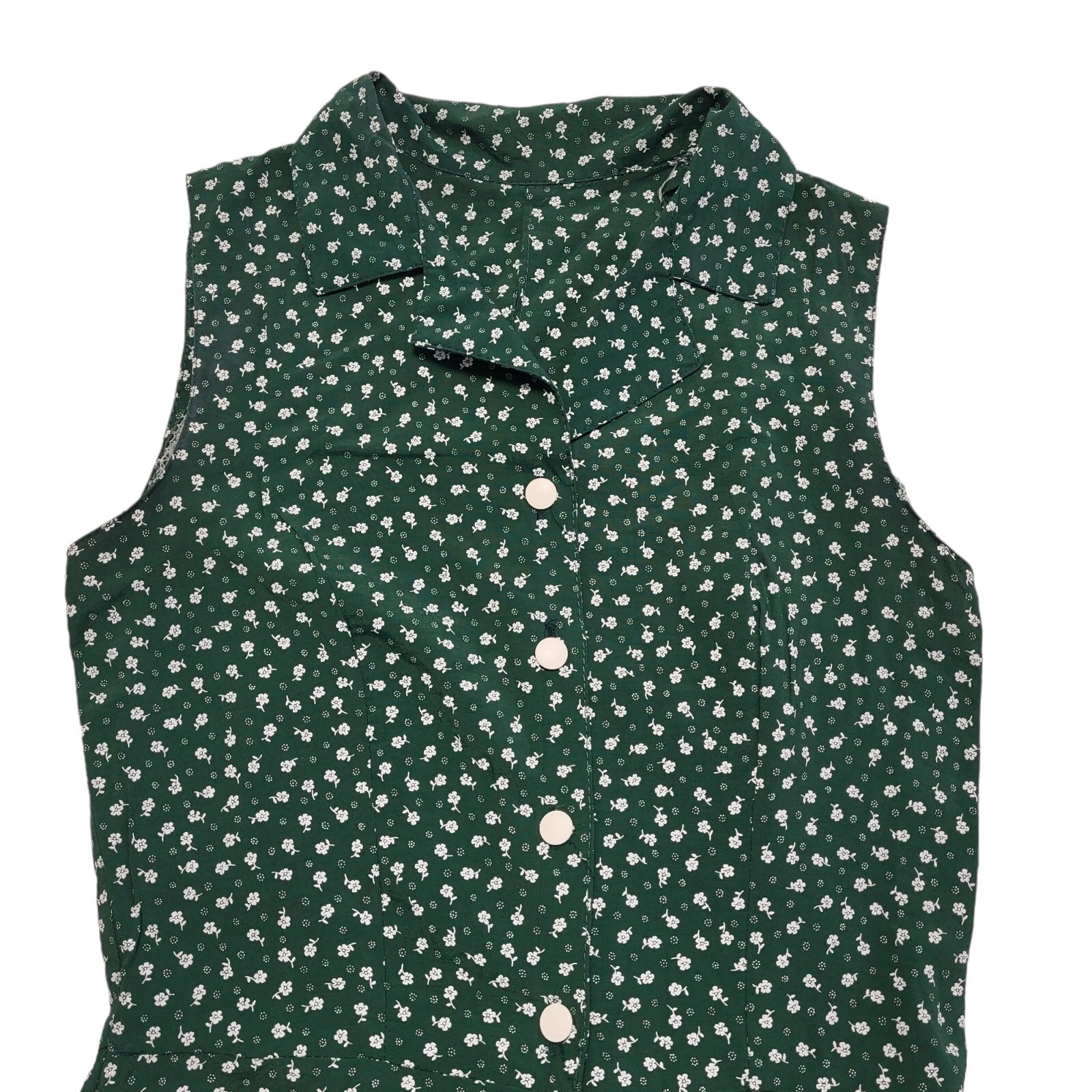 Vintage 90's Green & White Floral A-Line Midi Button Dress Women's UK Size 10