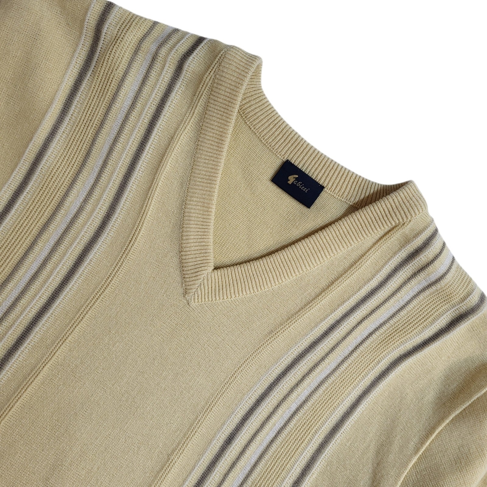 Gabicci Yellow Striped V-Neck Vintage 90's Jumper Men's UK M