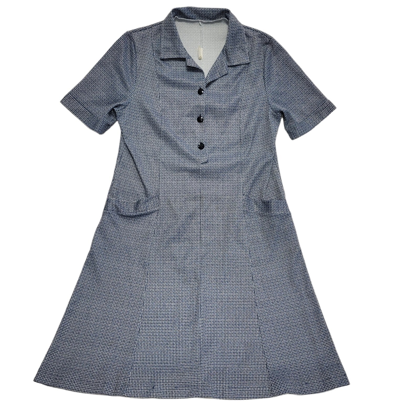 70s Vintage Blue & White Weave Pattern Shift Dress Women's 14