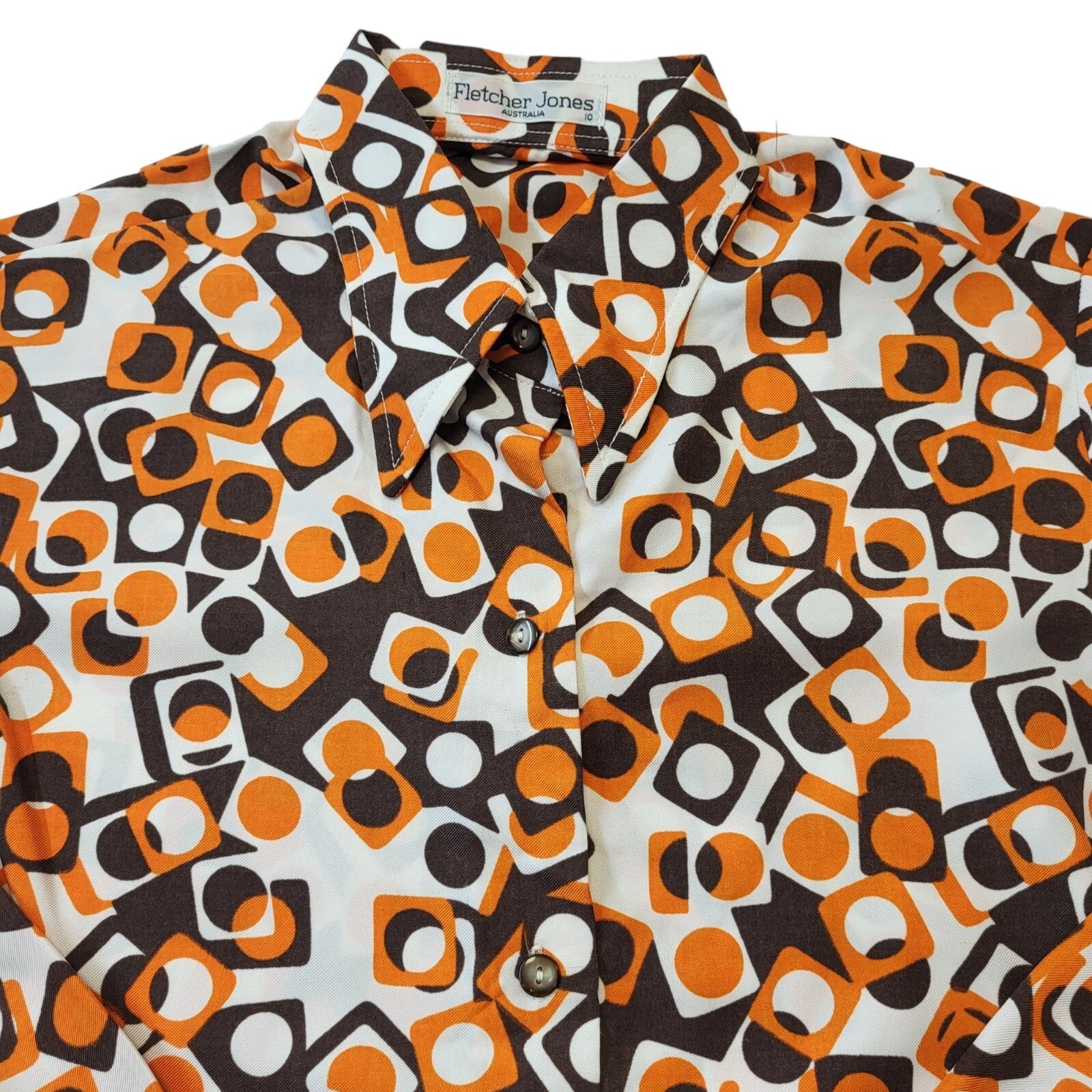 Fletcher Jones 70s Vintage White, Brown & Orange Blouse Women's Size 10