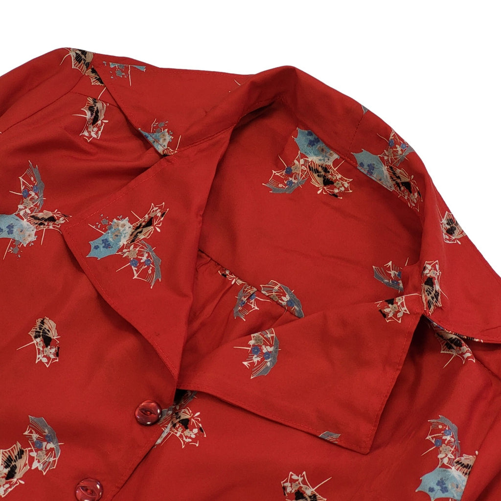 70s Vintage Red Novelty Print Umbrella Buttoned Mini Dress Women's Size 14/16