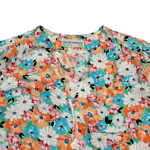 70s Vintage Claude Bouzon Orange Floral  Pencil Buttoned Dress Women's 12