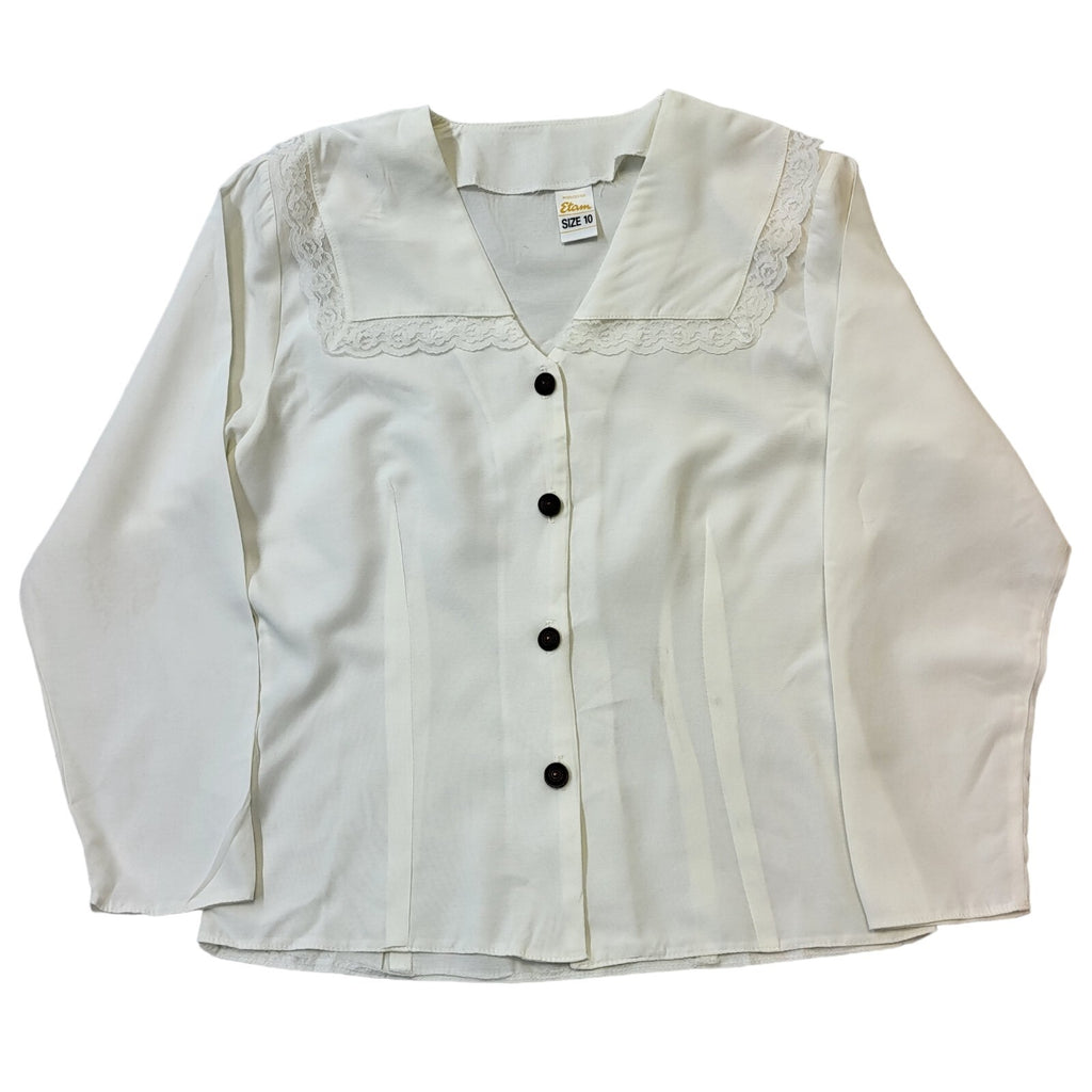 Etam 80s Vintage White Button Up Collared V-Neck Blouse Womens Size 10