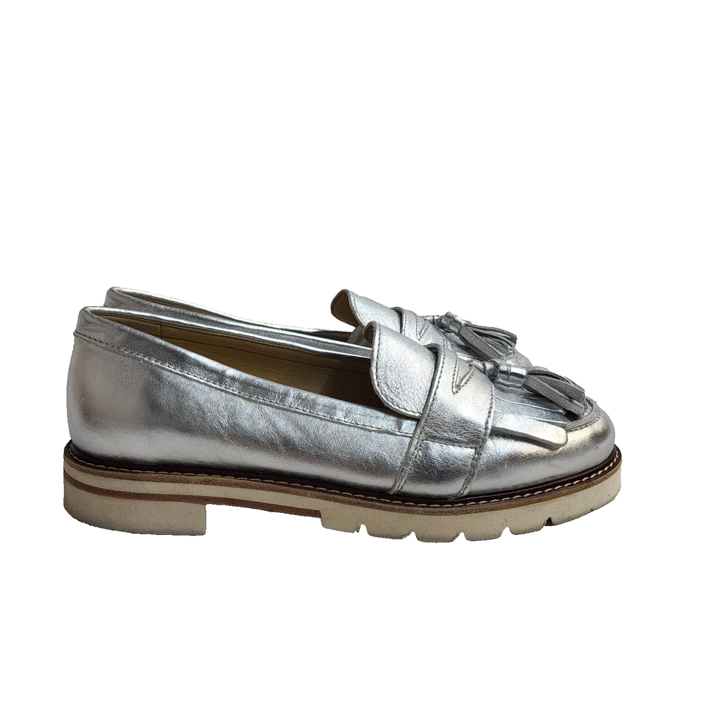 Dune Silver Slip-Up Leather Flat Shoes Uk Women's Size 4.5