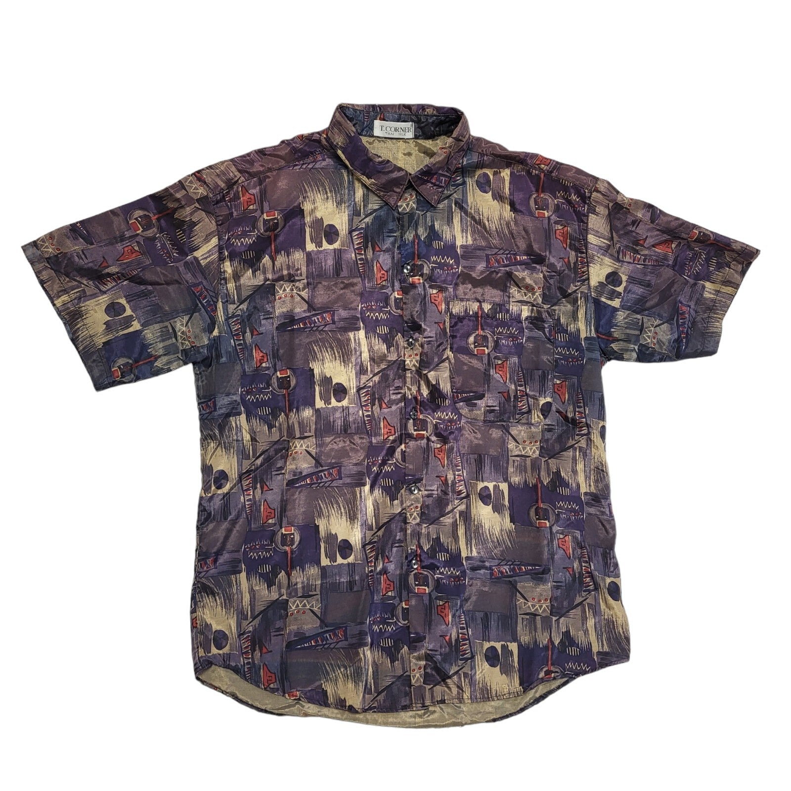 T. Corner Vintage 90's Purple Abstract Silk Short Sleeve Shirt Men's UK L