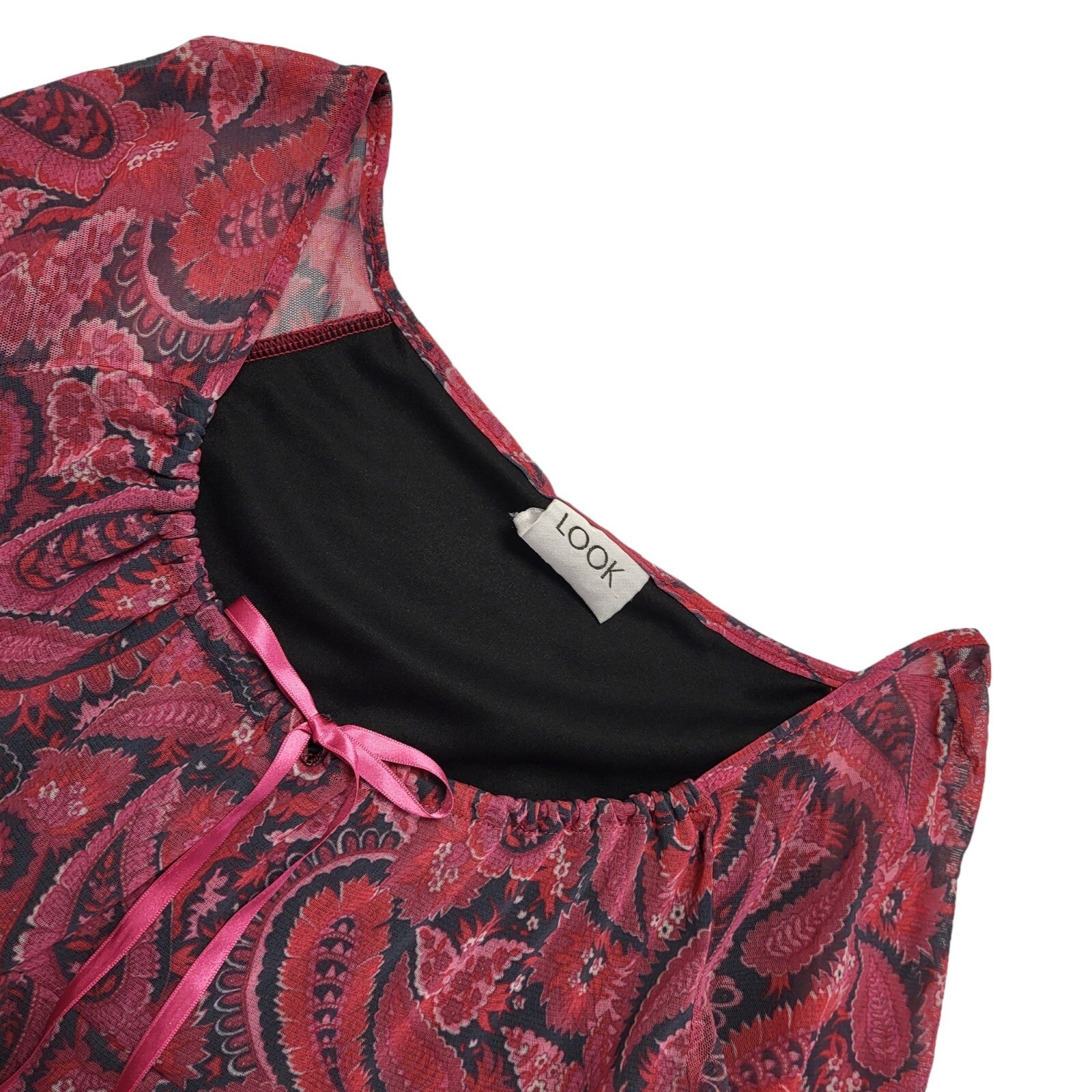 Look Y2k Vintage Pink Black Floral 3/4 Sleeve Dress Uk Women's Size 10