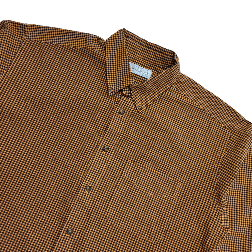 Marks & Spencer 90's Tan & Black Gingham Long Sleeve Shirt Mens Uk M