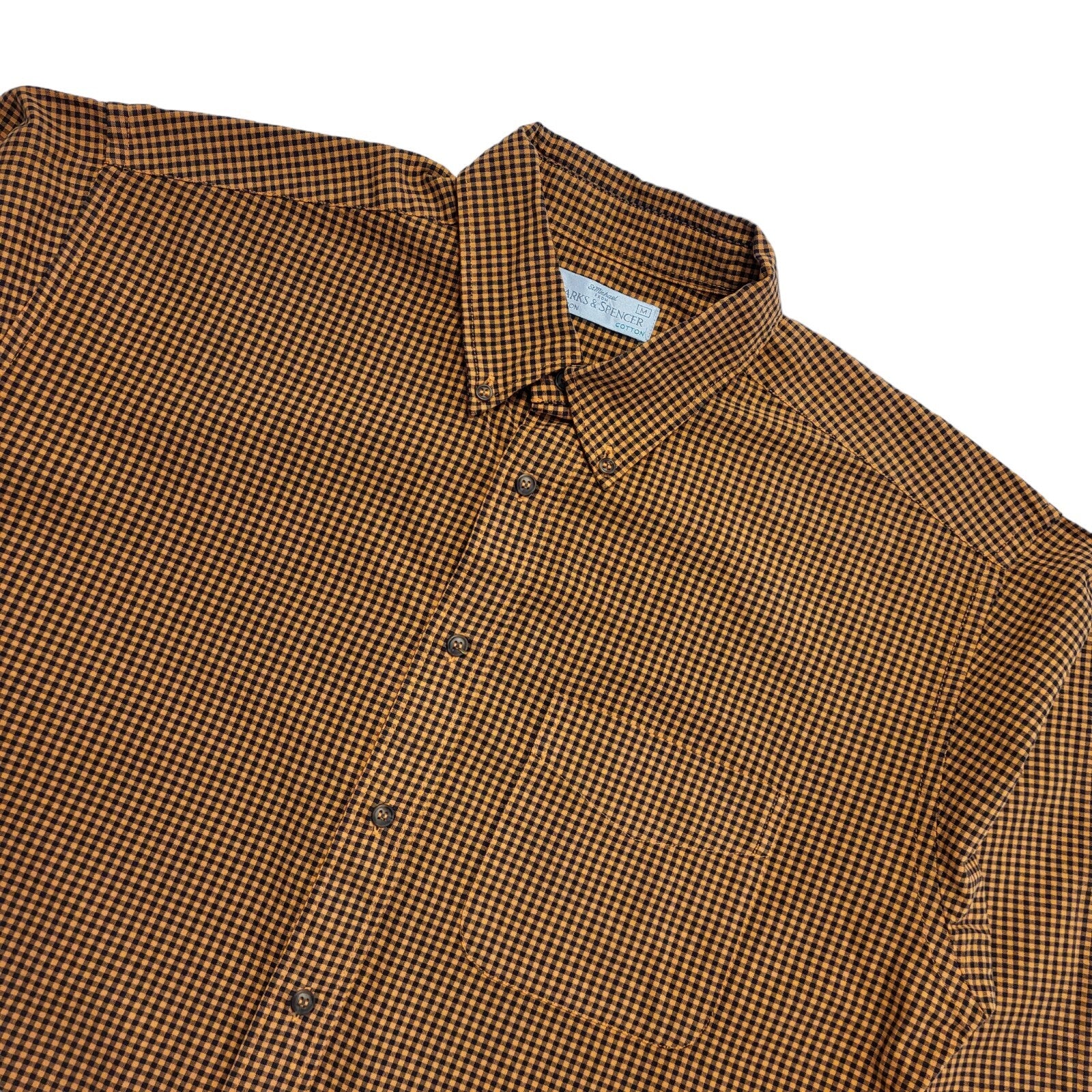Marks & Spencer 90's Tan & Black Gingham Long Sleeve Shirt Mens Uk M