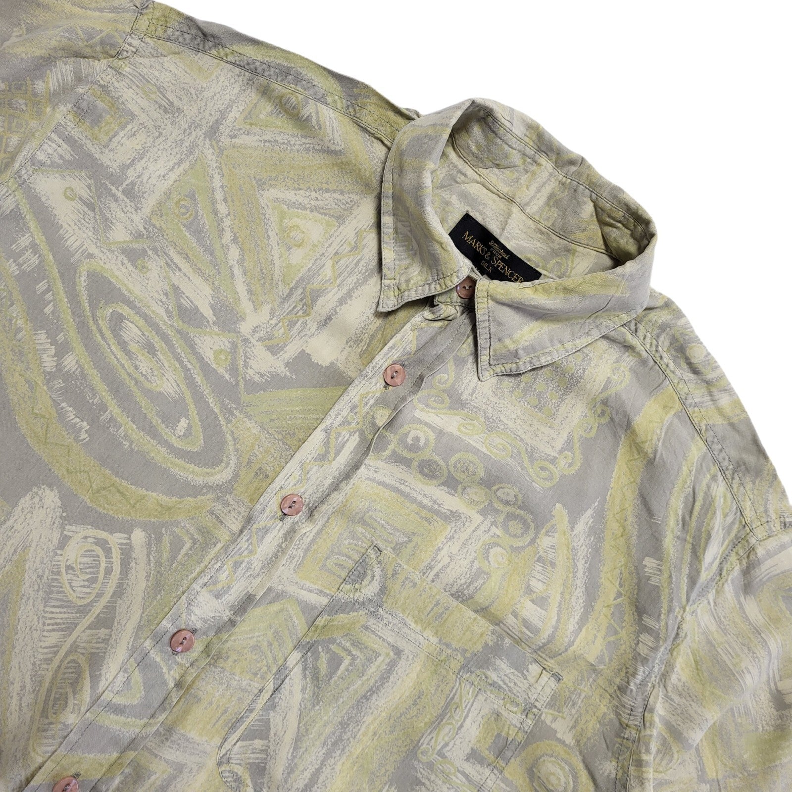 M&S 90s Green Abstract Short Sleeve Retro Shirt Uk Men's Size Medium