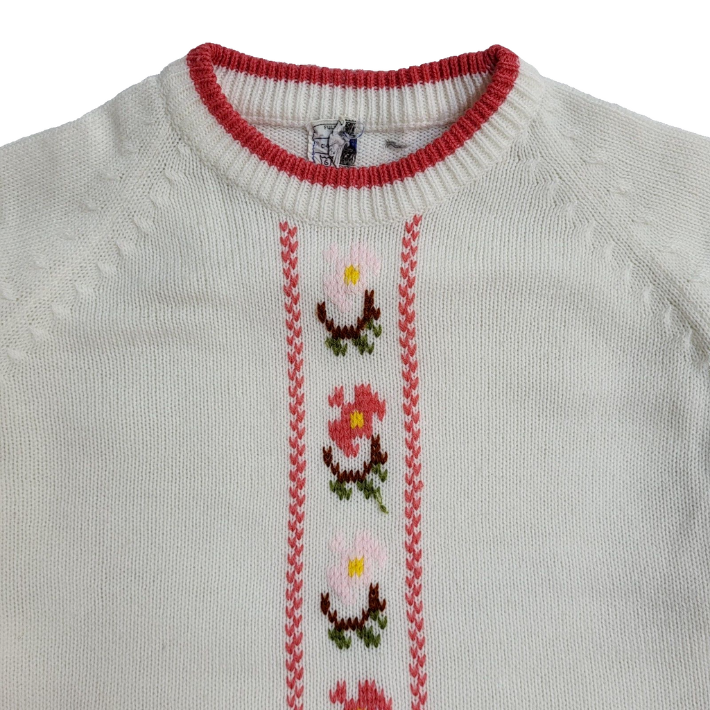 Vintage 90's White Floral Thin Knit Jumper UK Girl's Age 12 Years