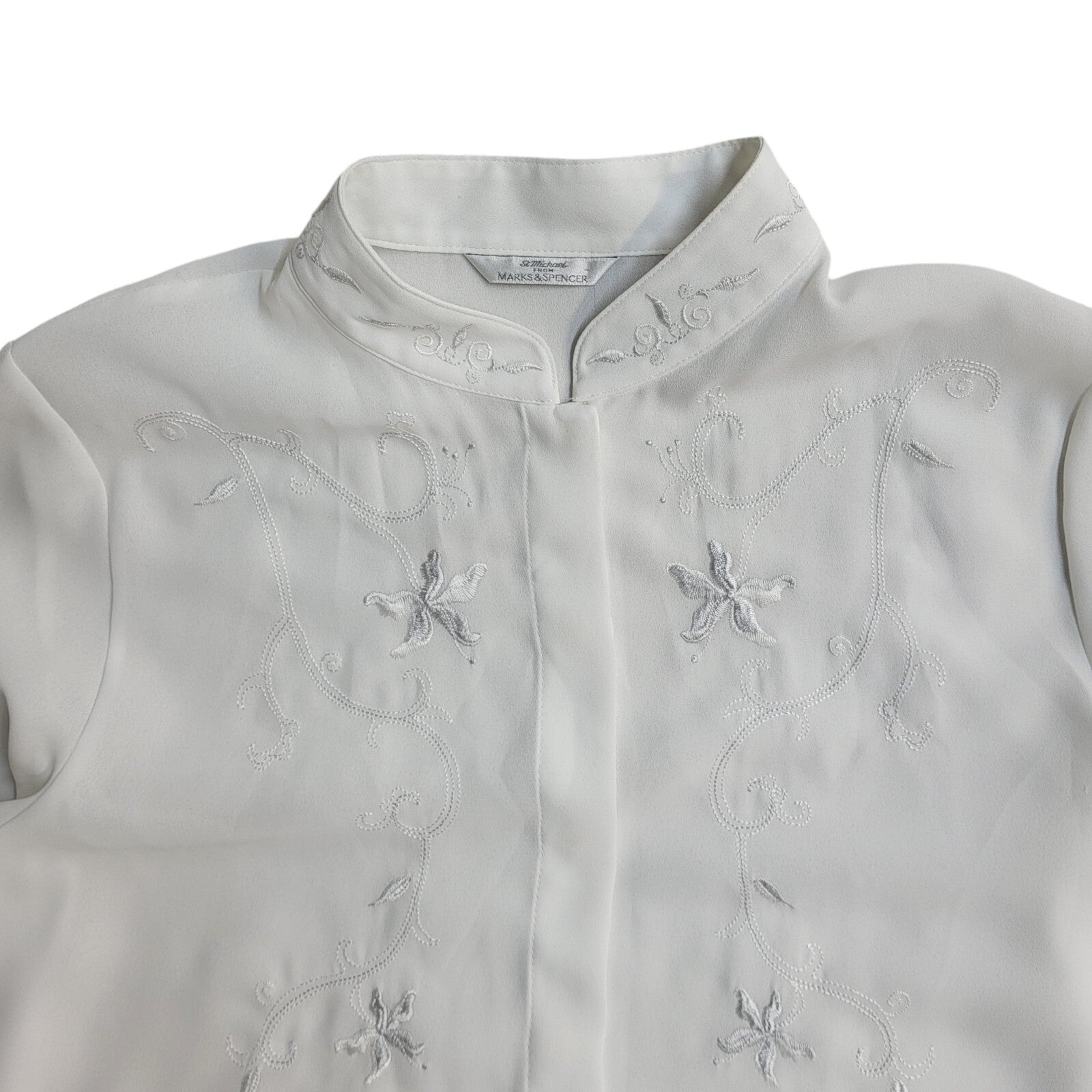 Marks and Spencer White 90's Long Sleeve Floral Embroidered Shirt Women's 14