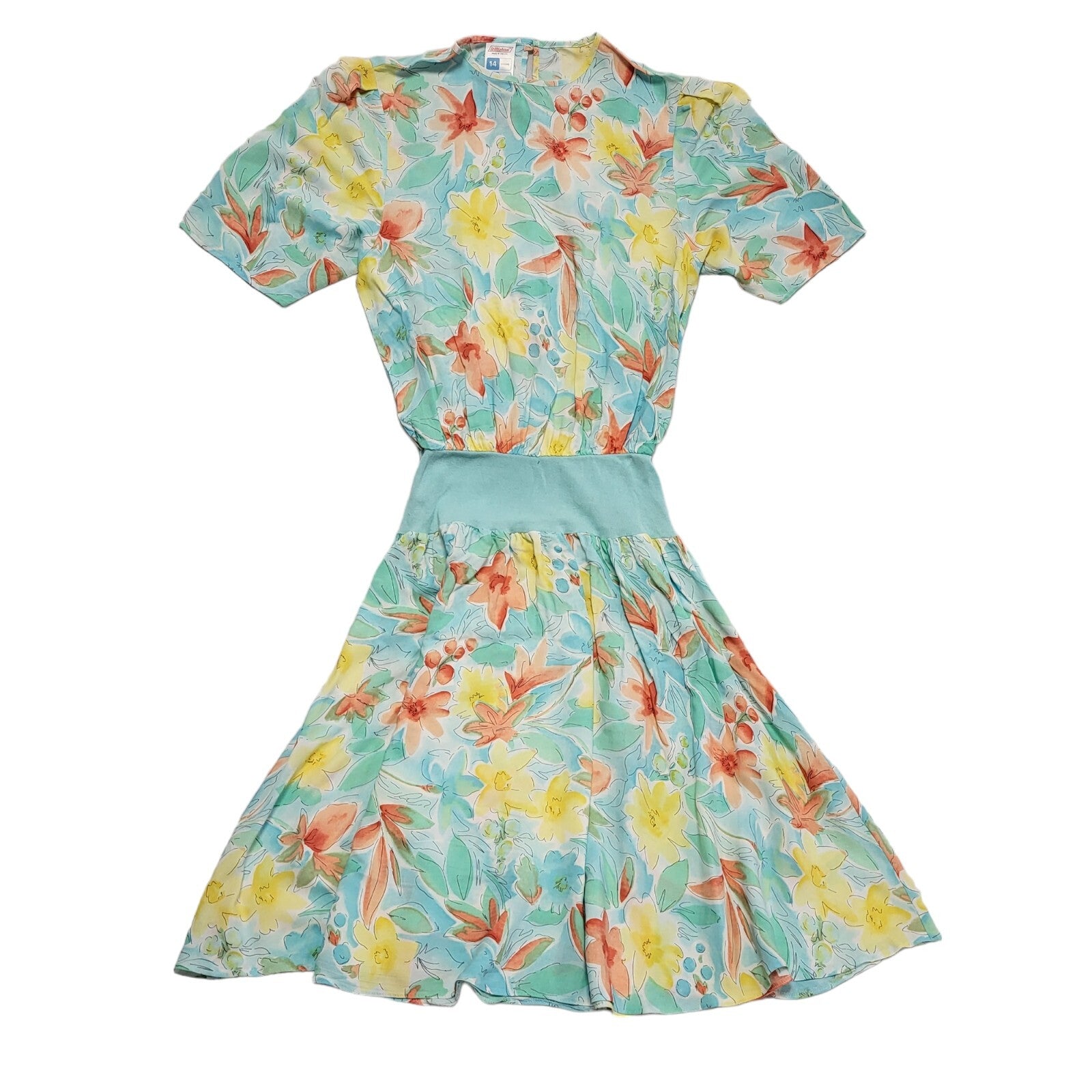 St Michael Vintage 80's Blue Floral Daywear Dress Uk Women's Size 14