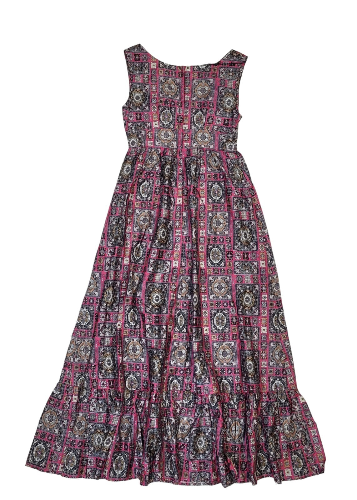 70s Vintage Pink & Grey Retro Print Pinafore Maxi Dress Women's Size 6