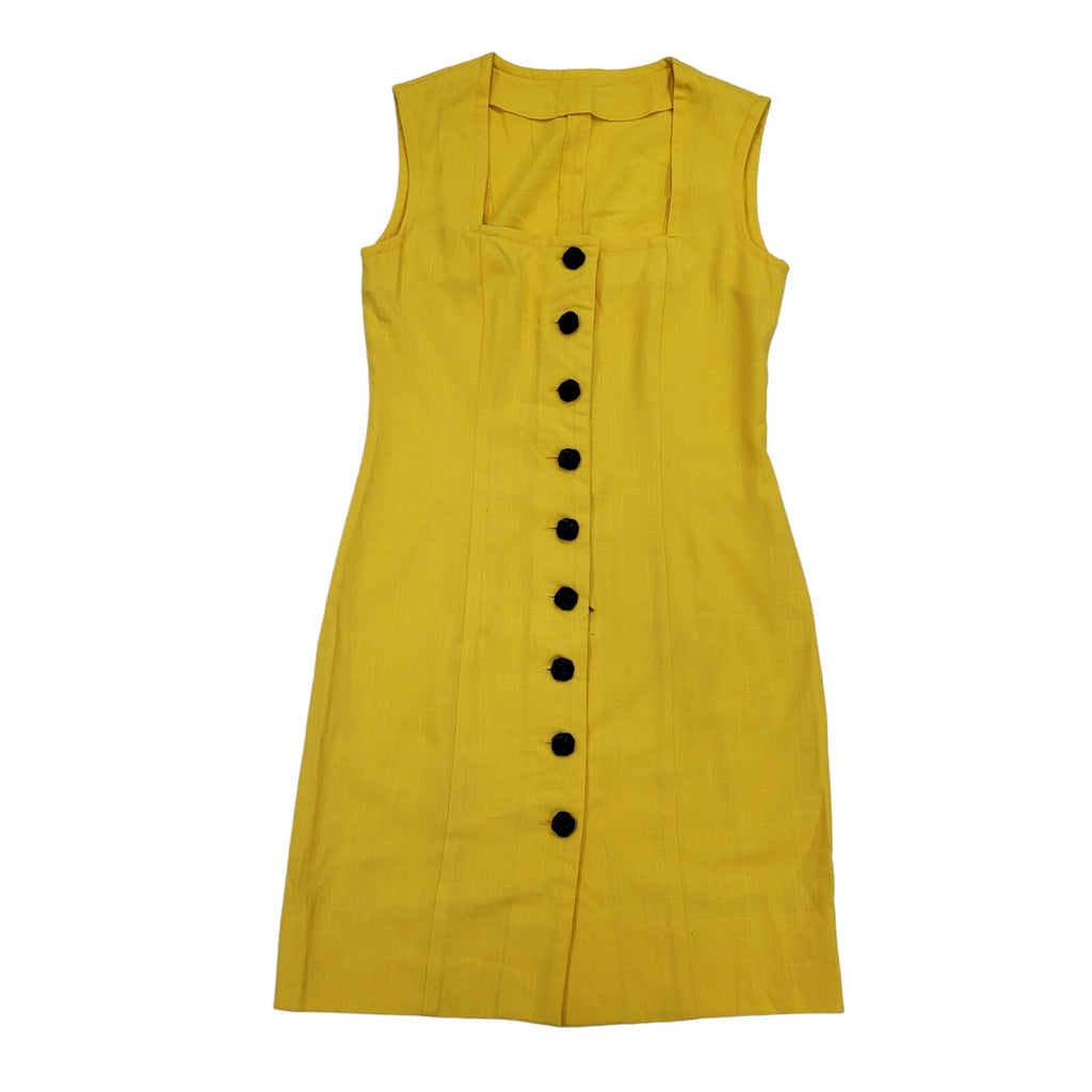 80s Vintage Yellow Button Up Cotton Sheath Dress Women's 10