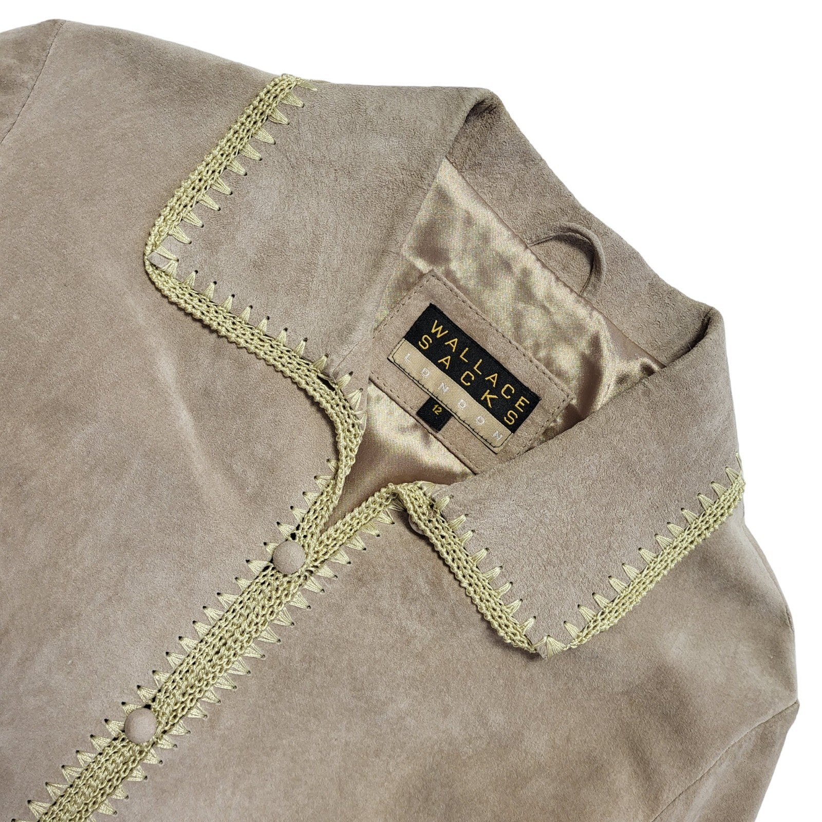 Wallace Sacks Beige 80s Vintage Button Suede Jacket Uk Women's Size 12