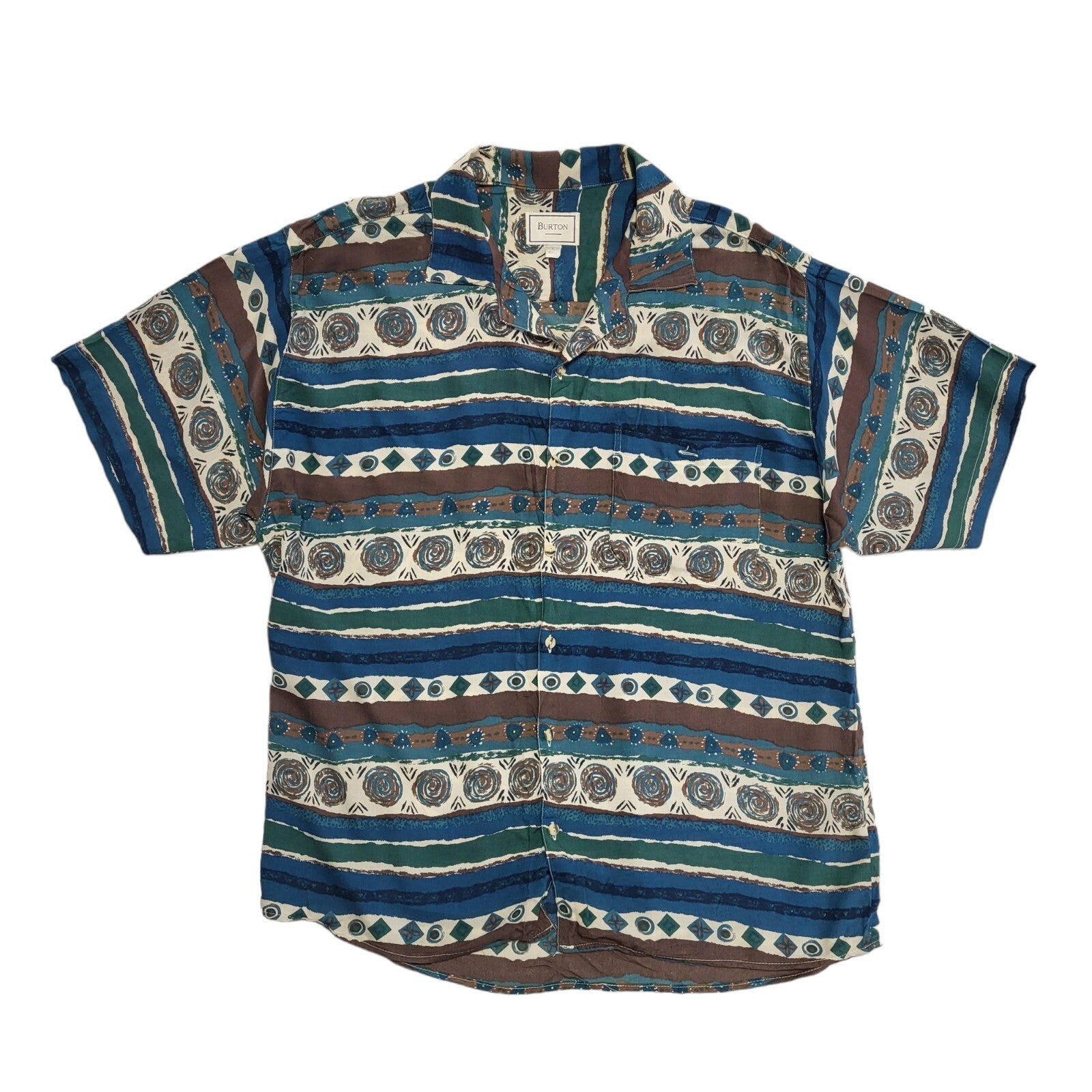 Burton 90s Blue Green Abstract Short Sleeve Retro Shirt Uk Men's Size L