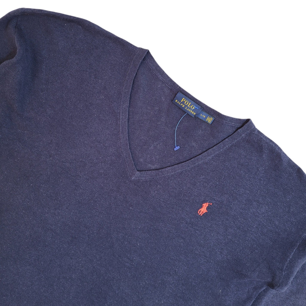 Polo Ralph Lauren Blue Y2K V-Neck Long Sleeve Jumper UK Women's Size L