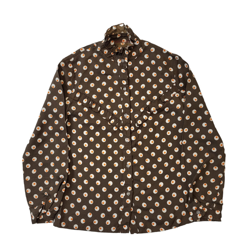 70s Vintage Brown Print Blouse Women's Size Medium 10-12