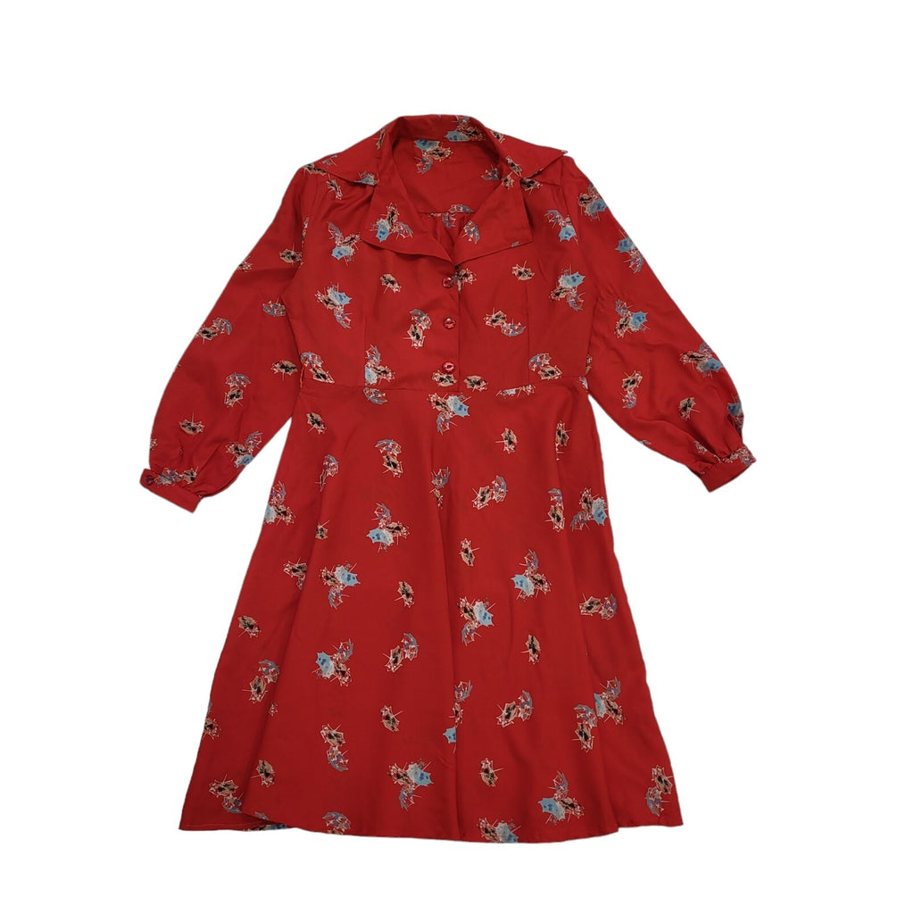 70s Vintage Red Novelty Print Umbrella Buttoned Mini Dress Women's Size 14/16