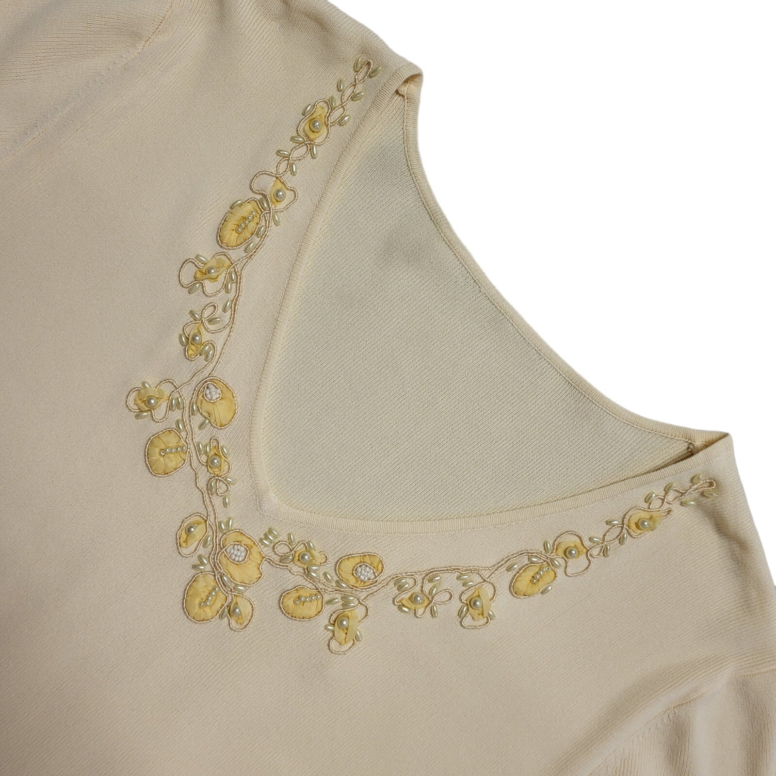 Vintage 90's Yellow V-Neck Floral Short Sleeve T-Shirt Womens UK Size 12