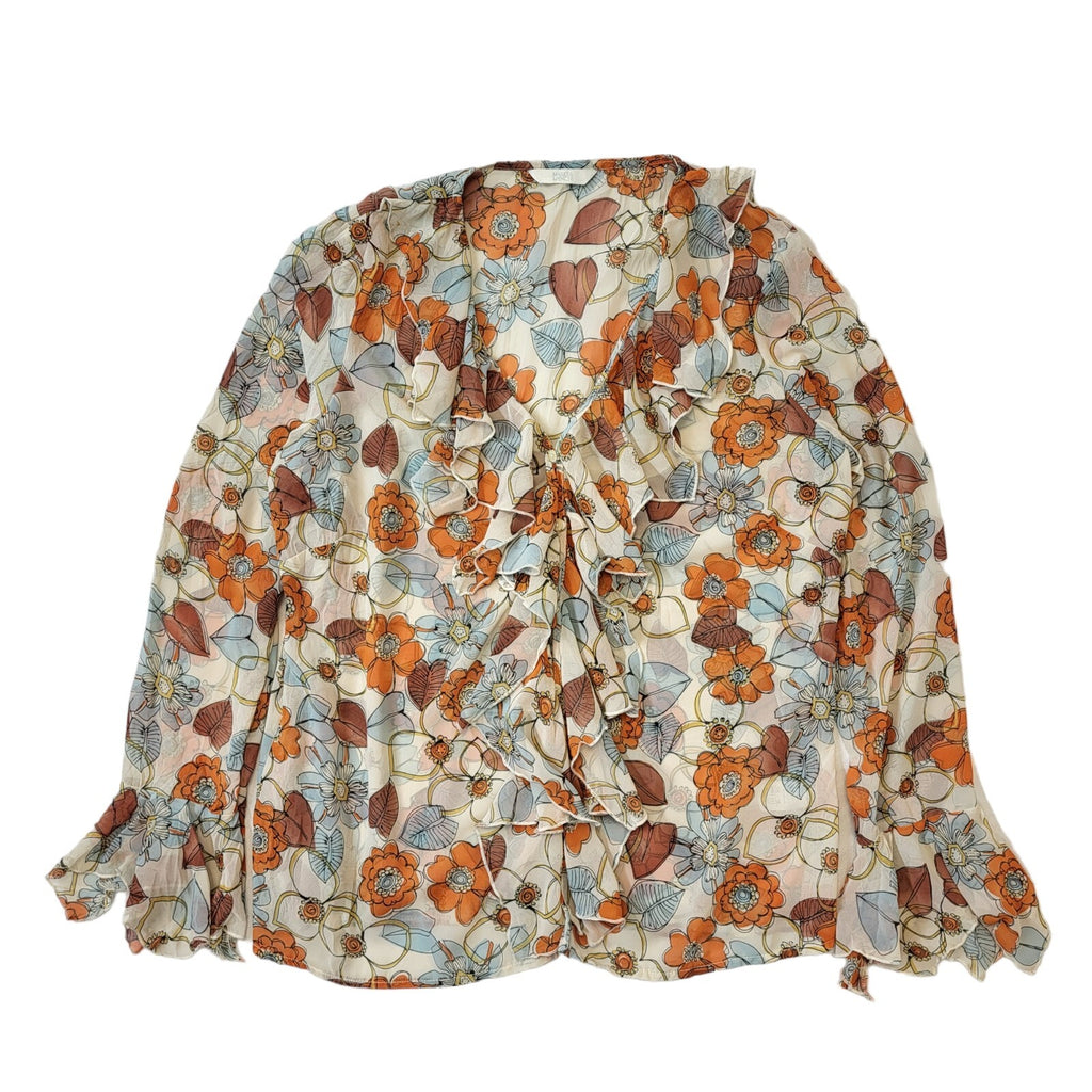Mark & Spencer Y2K Cream & Orange Floral Ruffle Long Sleeve Blouse Womens UK 16