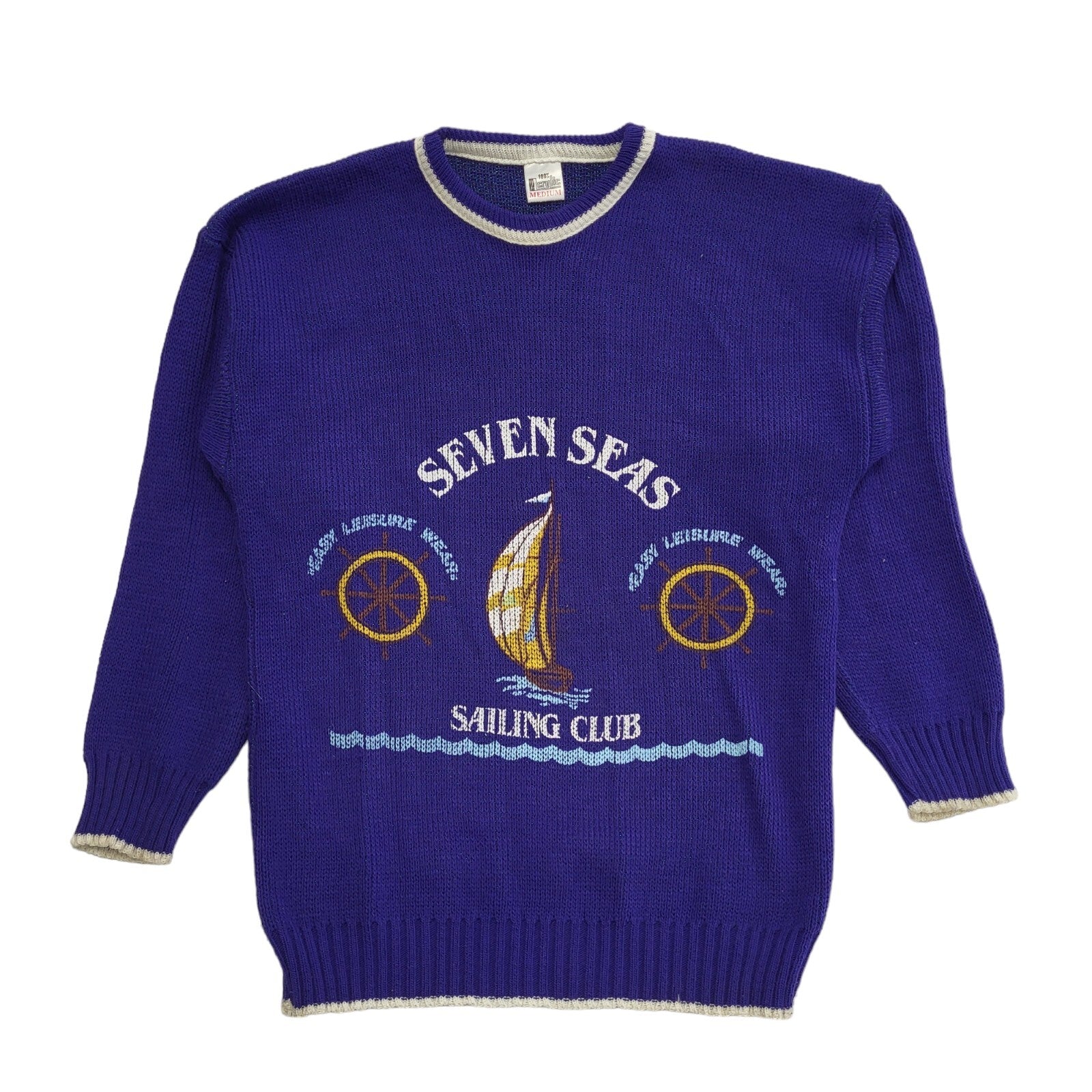 Seven Seas Sailing 80s Blue Crew Neck Acrylic Jumper Men's Size Medium